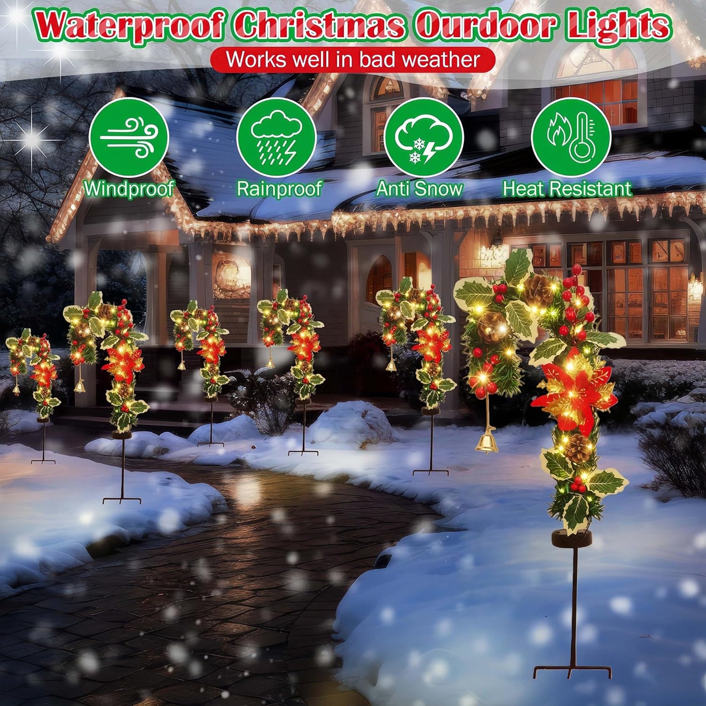 Solar Candy Cane Pathway Lights Outdoor, 2 Pack Solar Christmas Stakes with Poinsettia, Pinecones & Holly, Waterproof LED Yard Decorations, Solar Garden Lights for Walkway, Driveway & Holiday Decor