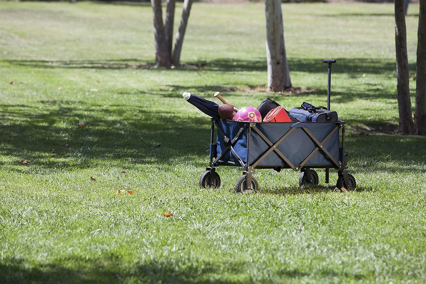PICNIC TIME Adventure Collapsible Folding Wagon, Outdoor Collapsible Wagon, Portable Cart with Wheels, All-Terrain Trolly Cart with Storage Cover and Handle, Supports 225 lbs, (Navy Blue)