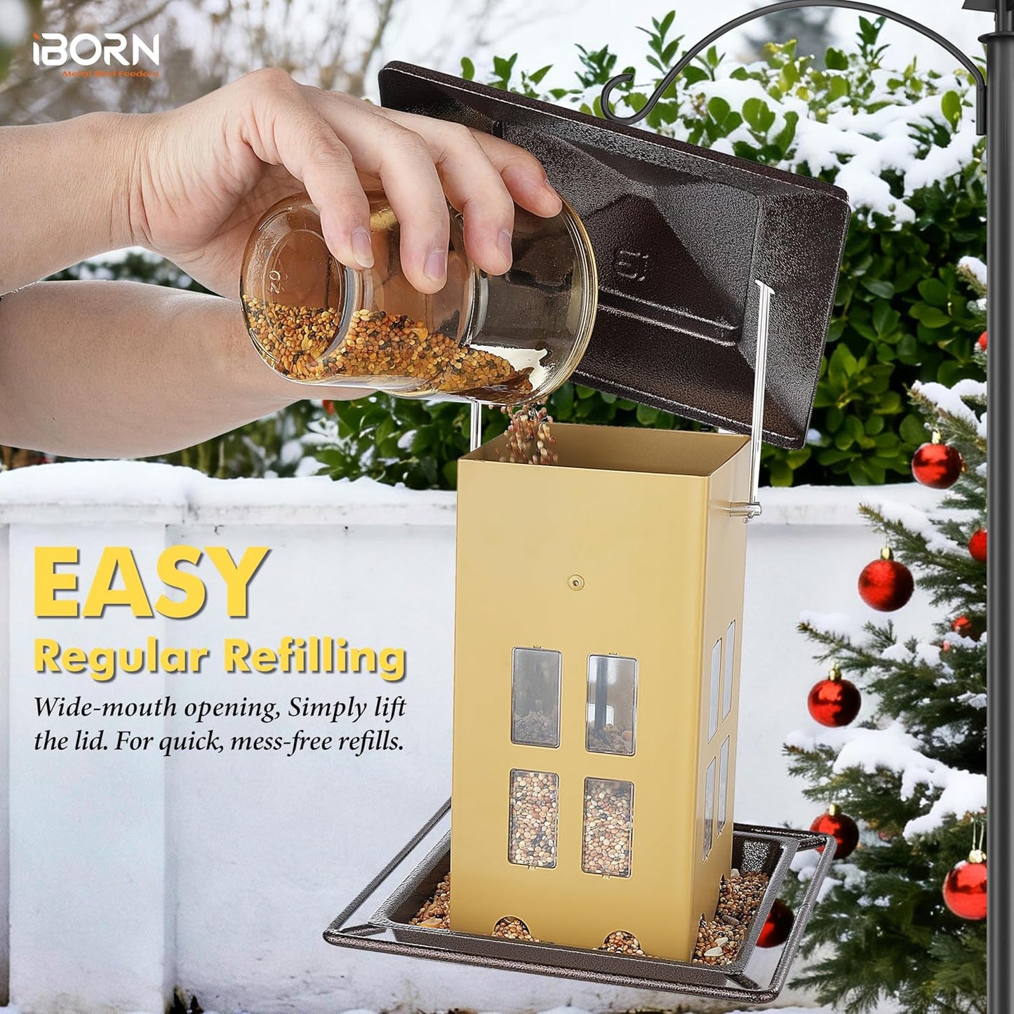 iBorn Bird Feeder for Outdoor Hanging,Metal Bird Feeder Hanging Outside for Cardinal, Double-Sided Hanger Wild Birdfeeder All Metal Constructions, Holds 2.6LB Seed, Muted Yellow,8 Ports