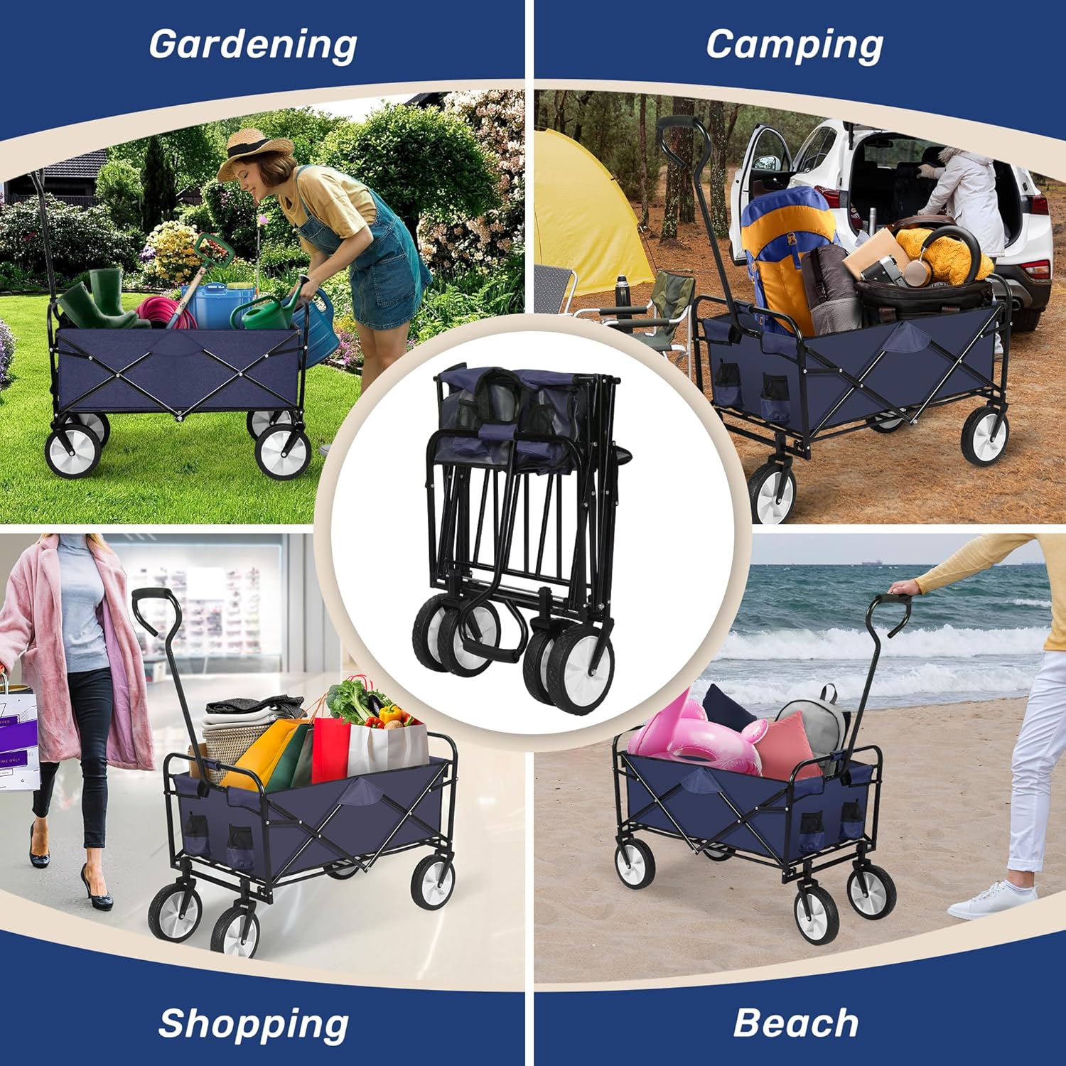 YSSOA Rolling Collapsible Garden Cart Camping Wagon, with 360 Degree S