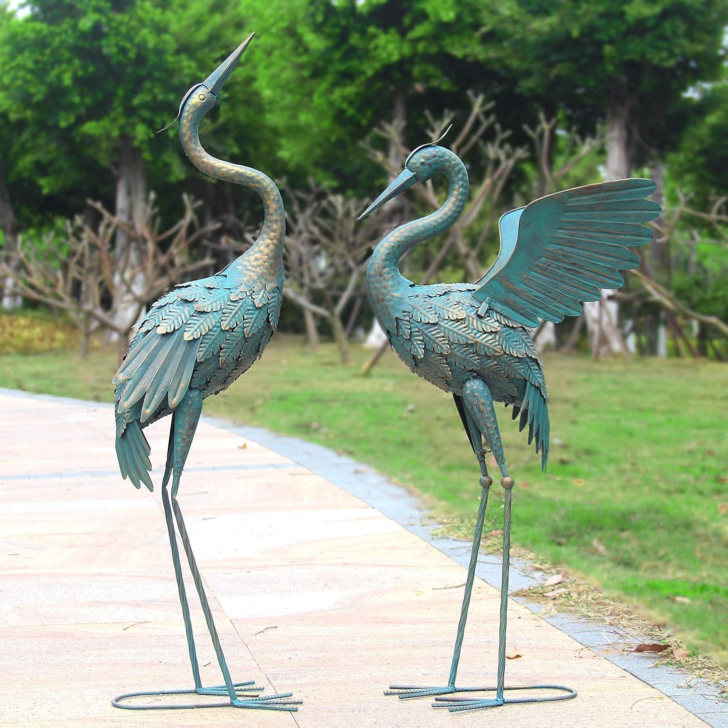 33-37 Inch Metal Crane Garden Statue Décor, Bird Garden Sculpture & Statues, Outdoor Decoration for Yard Patio Lawn Backyard Pool, Easter Decorations for Home, Set of 2