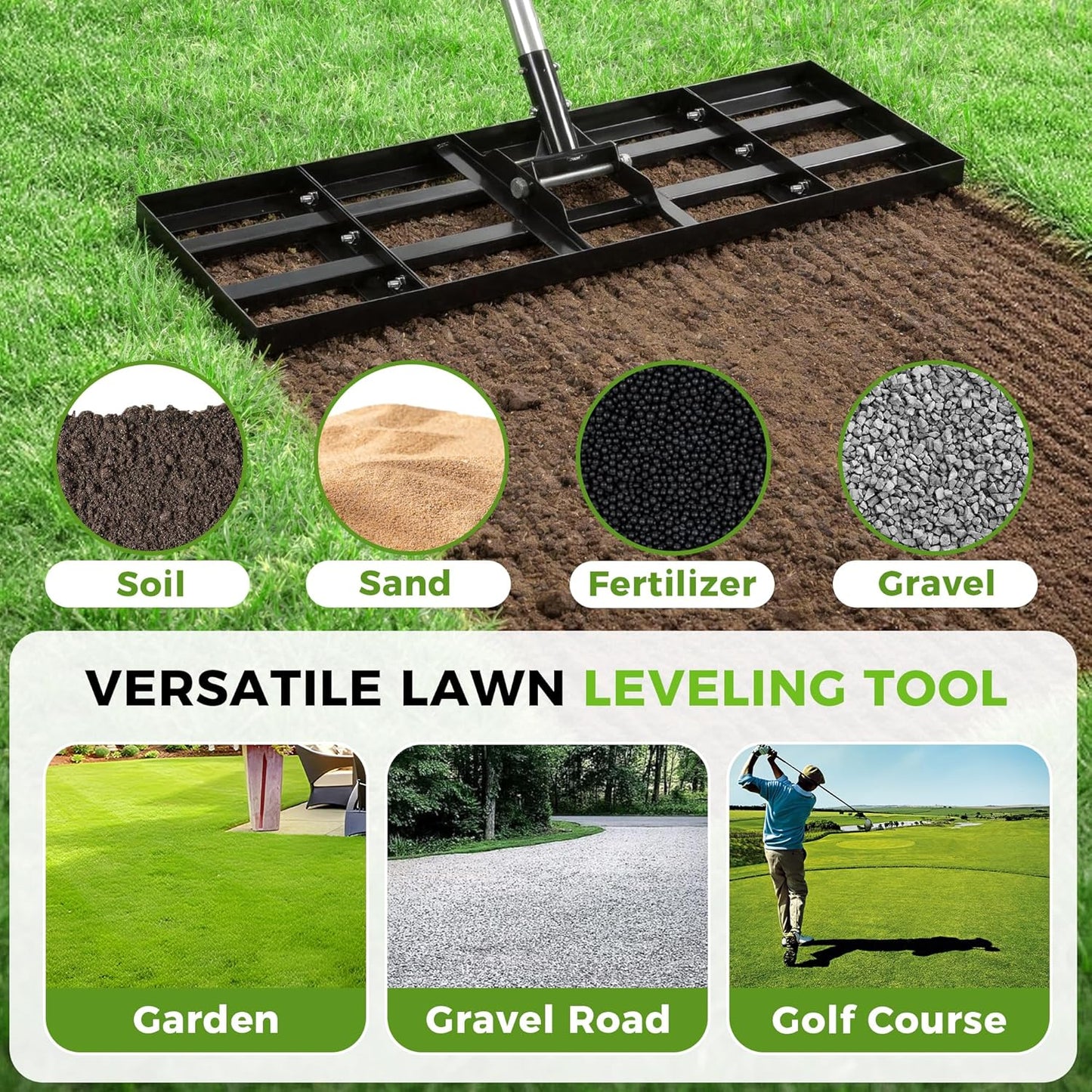 Lawn Leveling Rake, 30"x10" Stainless Steel Lawn Leveler with 76" Adju