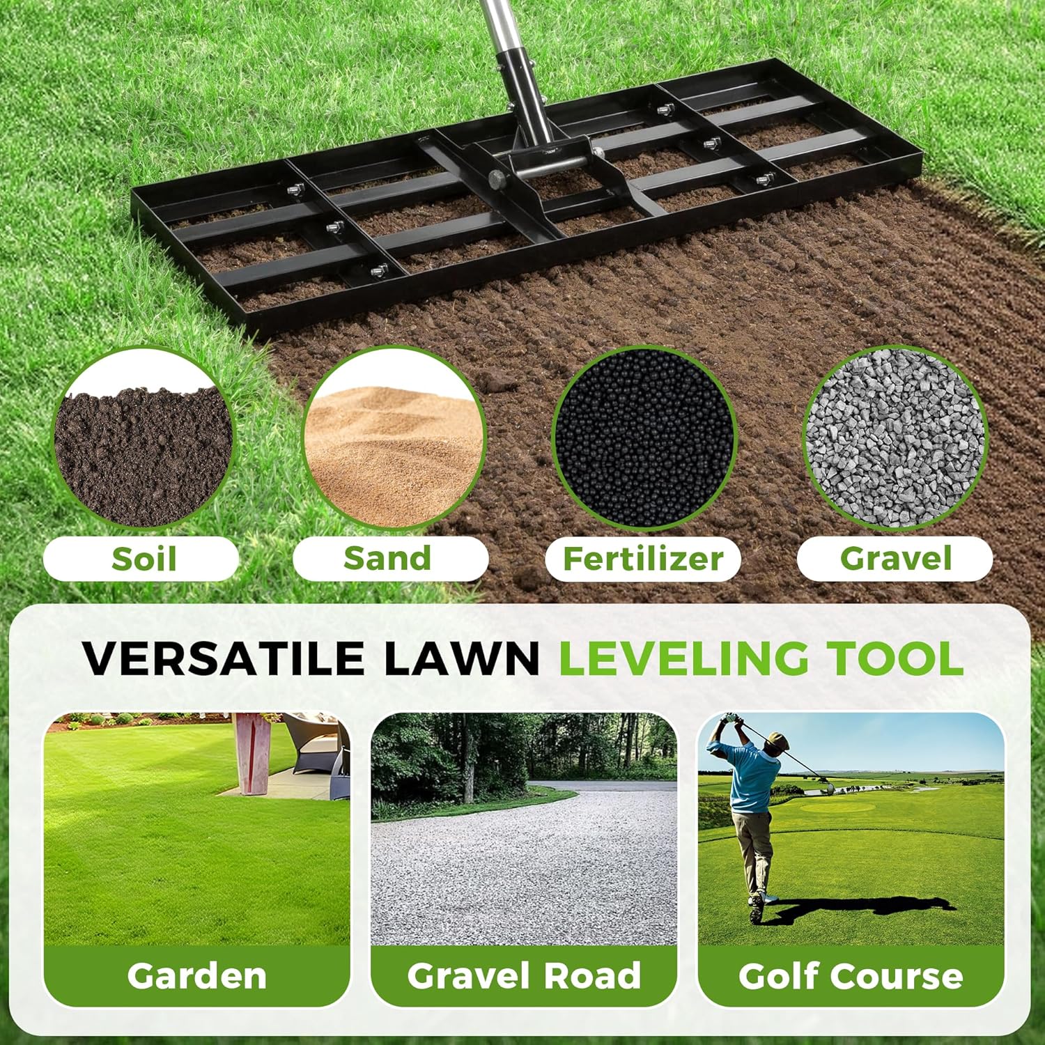 Lawn Leveling Rake, 30"x10" Stainless Steel Lawn Leveler with 76" Adju
