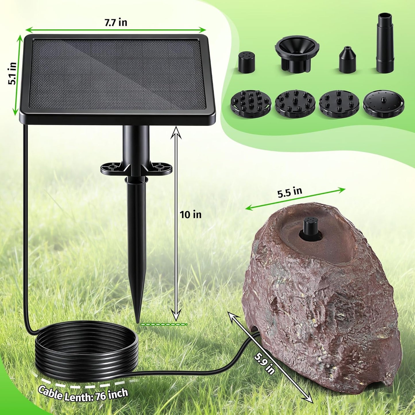 Saillong Solar Fountain for Bird Bath with Granite Rock, Solar Water Pump with 6 Nozzles, Bird Bath Water Fountains with Dry Run Protection, Fountain Pump for BirdBath, Garden, Pond