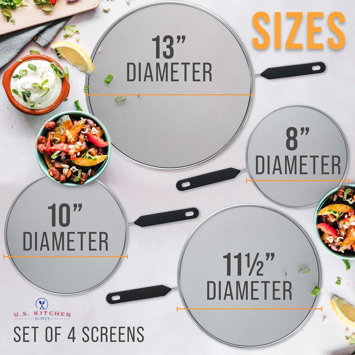 U.S. Kitchen Supply 4-Piece Stainless Steel Splatter Guard Set (13", 11.5", 10",8”) Fine Mesh Cover, Grease & Oil, Splatter Screen for Frying Pan, Cooking Pots, with Comfort Grip Handles