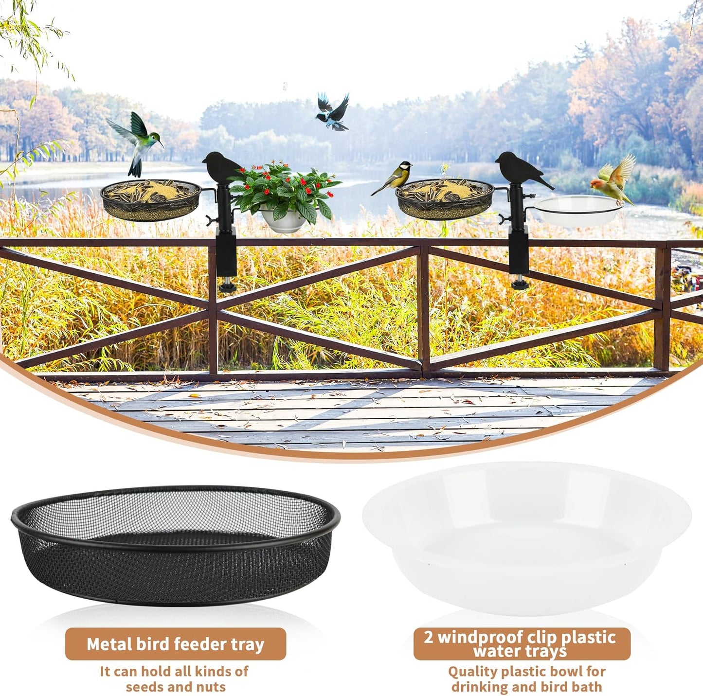 Bird Feeder 3 Inch Clamp for Deck Railings - Heavy Duty Adjustable Clamp with Metal Tray & 2 Detachable Bowls, All-in-One Backyard Gift to Attract Cardinals, Finches to Balcony, Porch, Patio