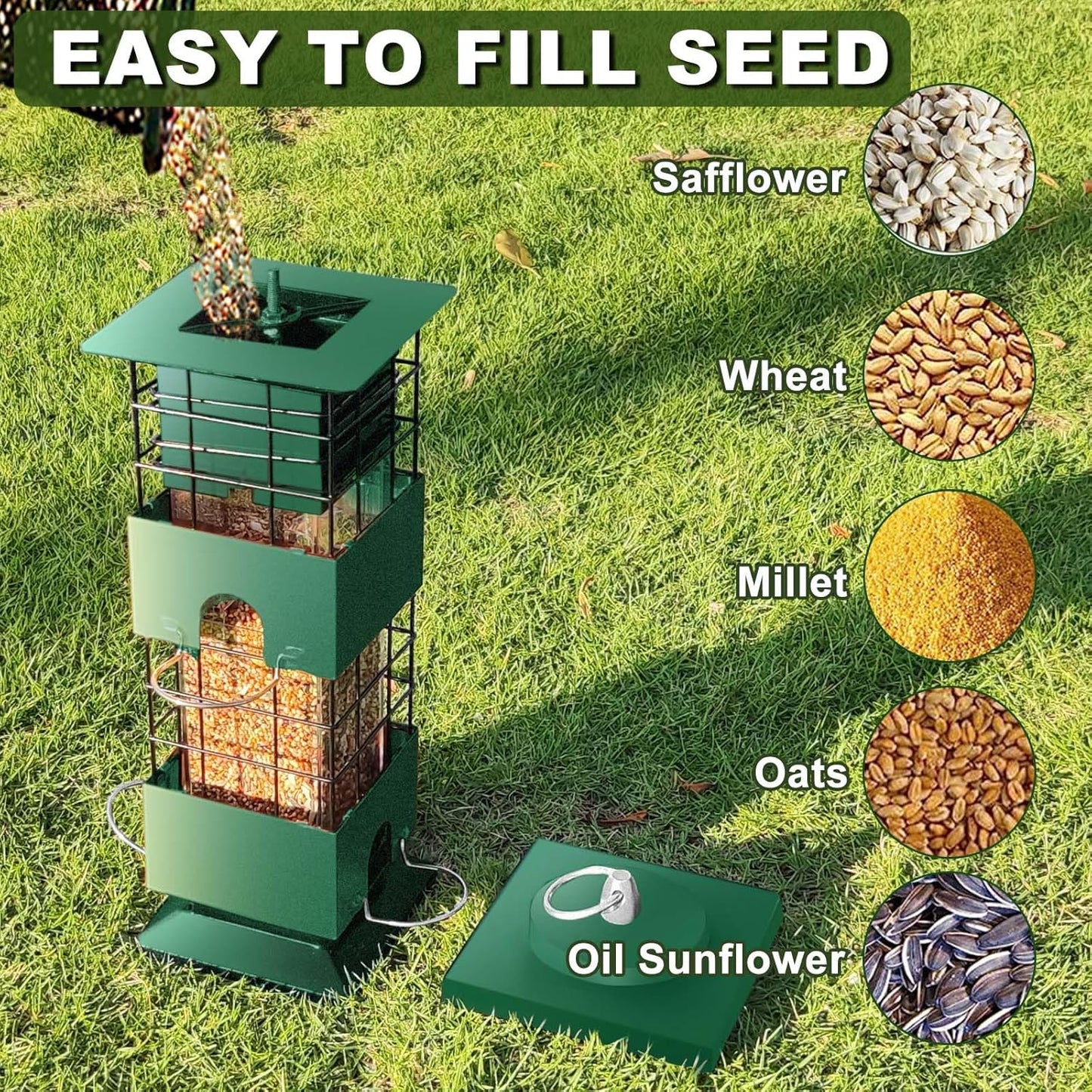 Bird Feeder Squirrel Proof, 3Lbs Metal Heavy Duty Birds Feeder with 4 Feeding Ports for Outdoors Hanging, Birdseed Feeder for Cardinal, Finch, Sparrow, Wild Birds, Outside (Green)