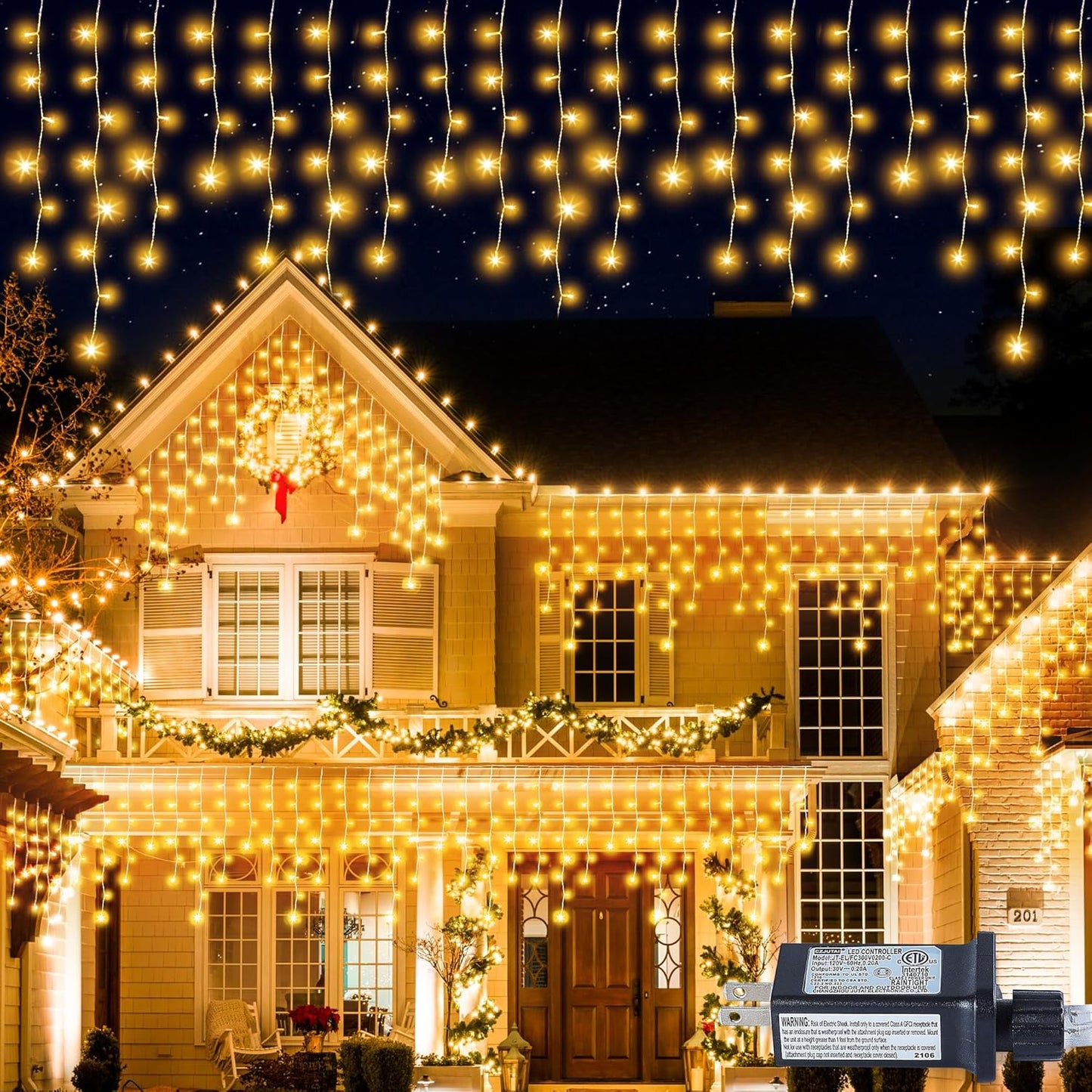300L LED Icicle Lights, Warm White Window Curtain Lights,8 Modes with 