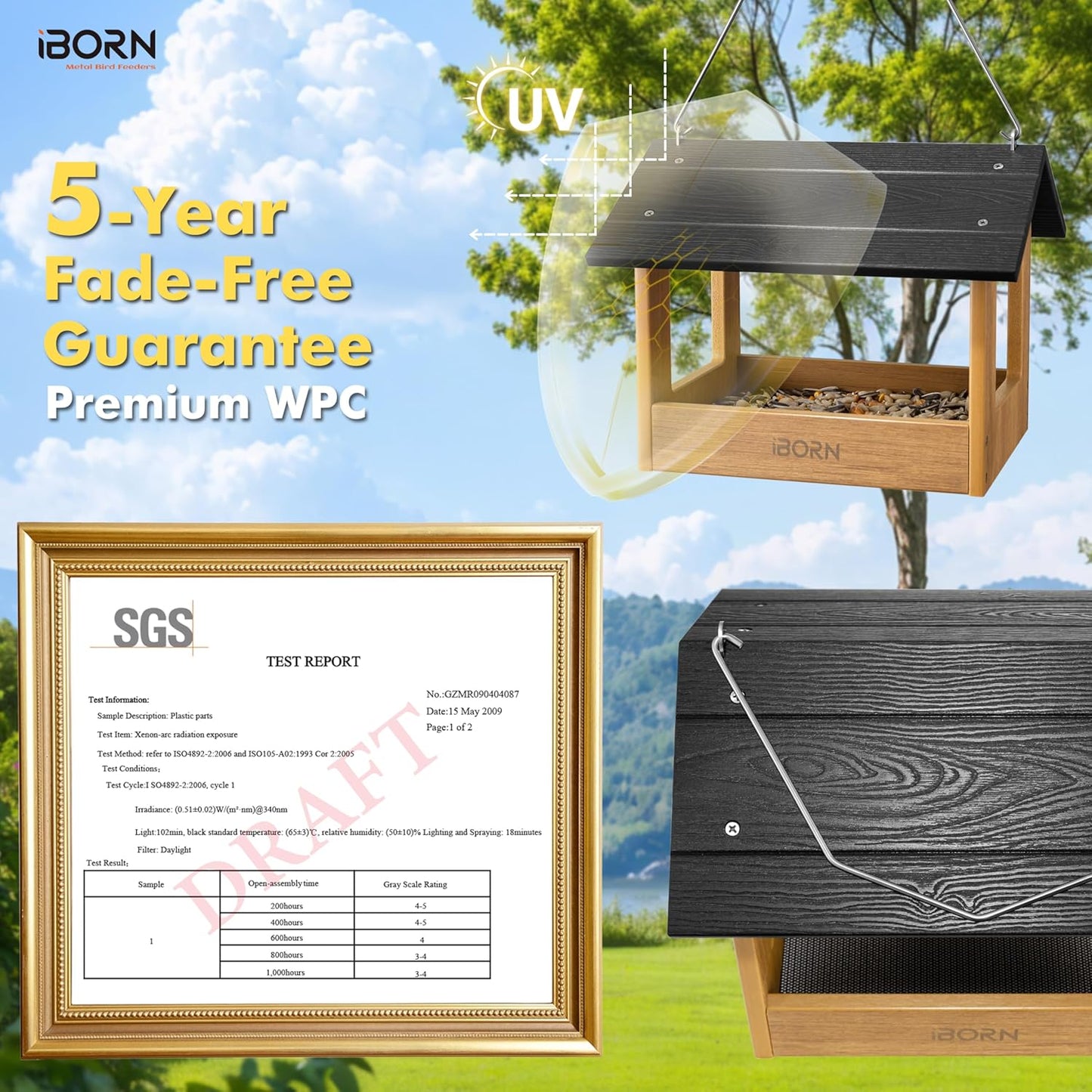 iBorn Pavilion Bird Feeder, Covered Platform Bird Feeder for Outdoors Hanging, WPC Recycled Plastic & Waterproof, Black