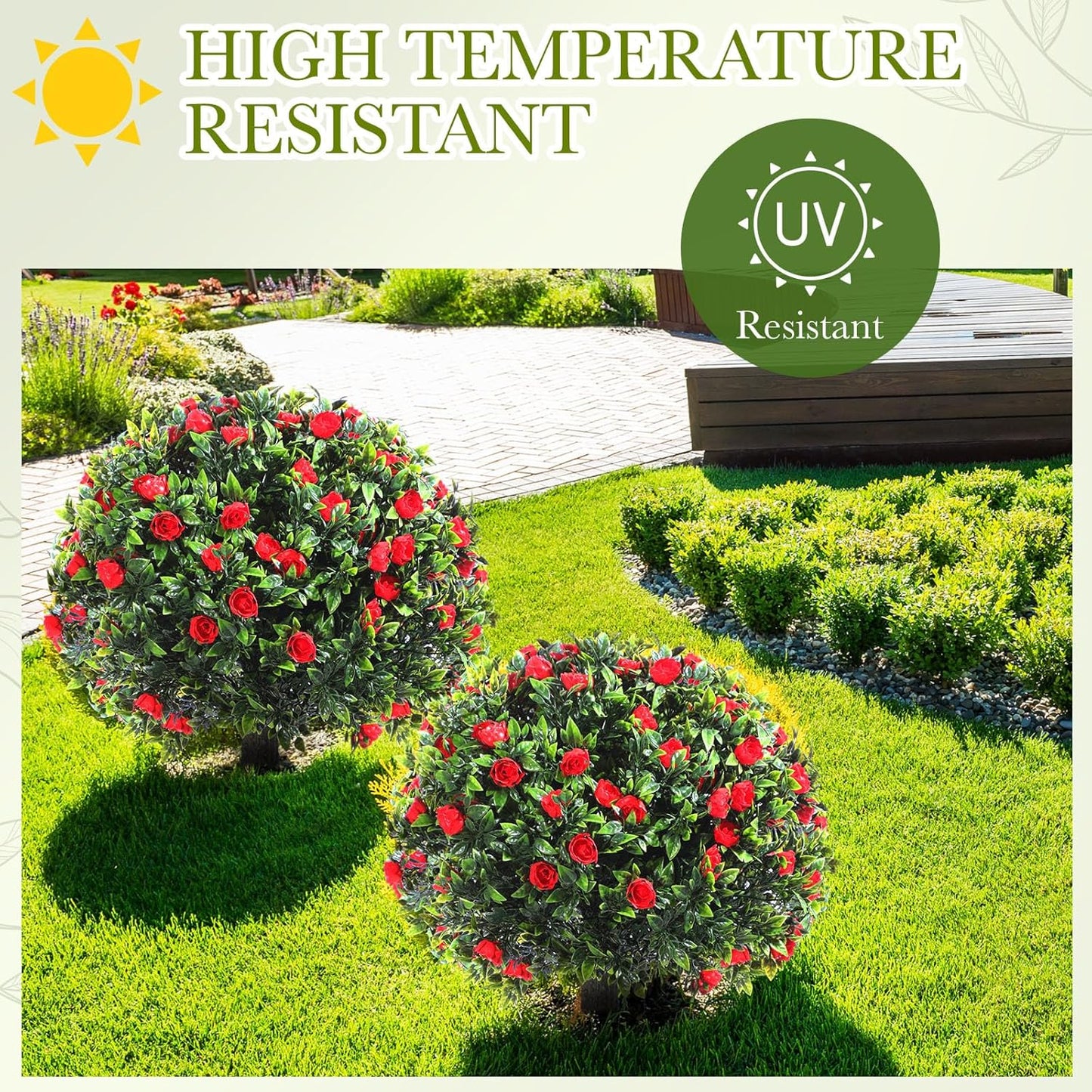 Yunlly 4 Pack Artificial Boxwood Topiary Ball Tree with Faux Rose Bush 18 Inch Outdoor Faux Topiary Shrub with Ground Spike, UV Resistance Fake Plant for Garden Porch Patio Indoor (Red)