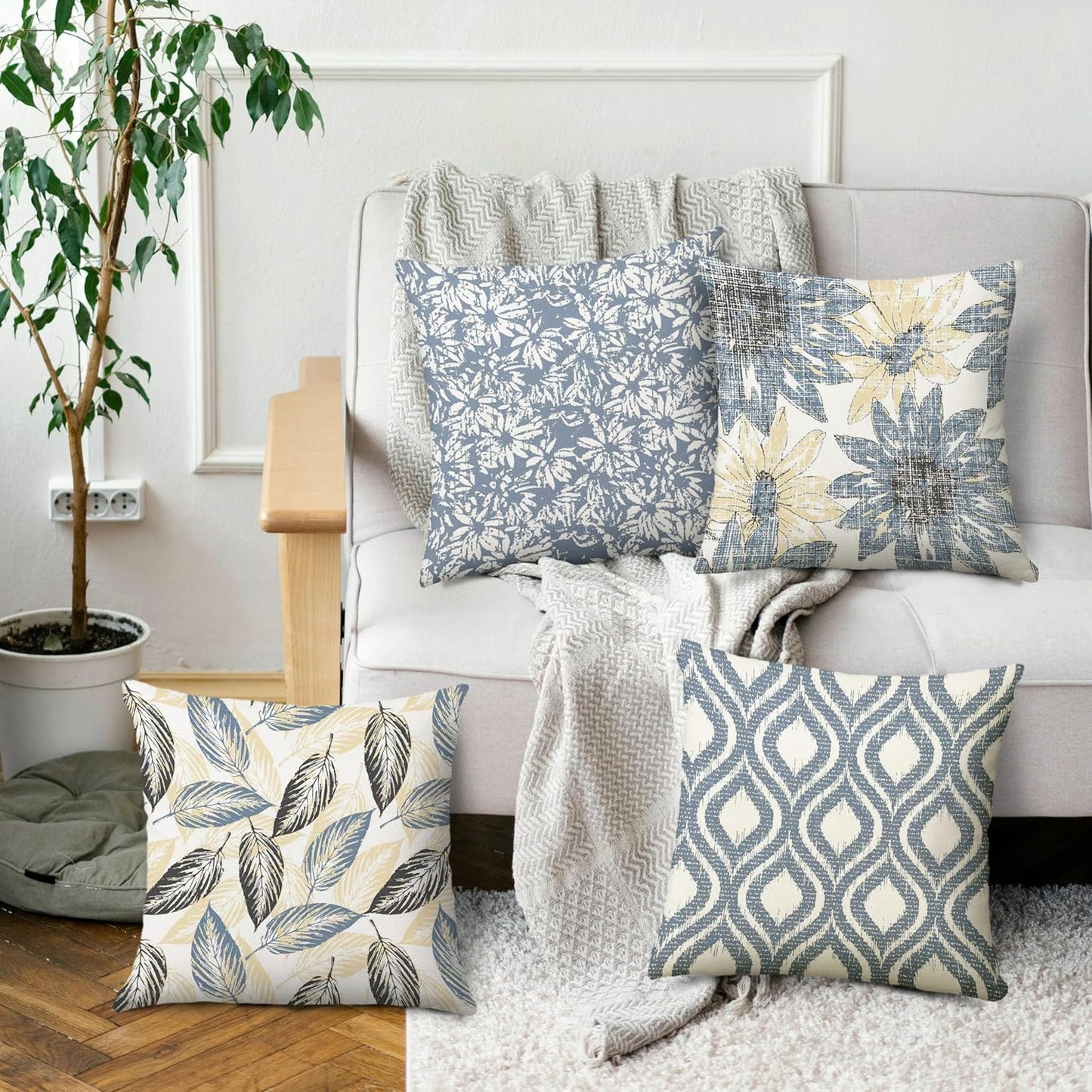 MEHOFOND Blue Floral Pillow Covers 18x18 Inch Set of 4 Boho Leaf Throw Pillow Covers Modern Abstract Art Plant Outdoor Decor Farmhouse Pillowcase Cushion Case for Sofa Couch