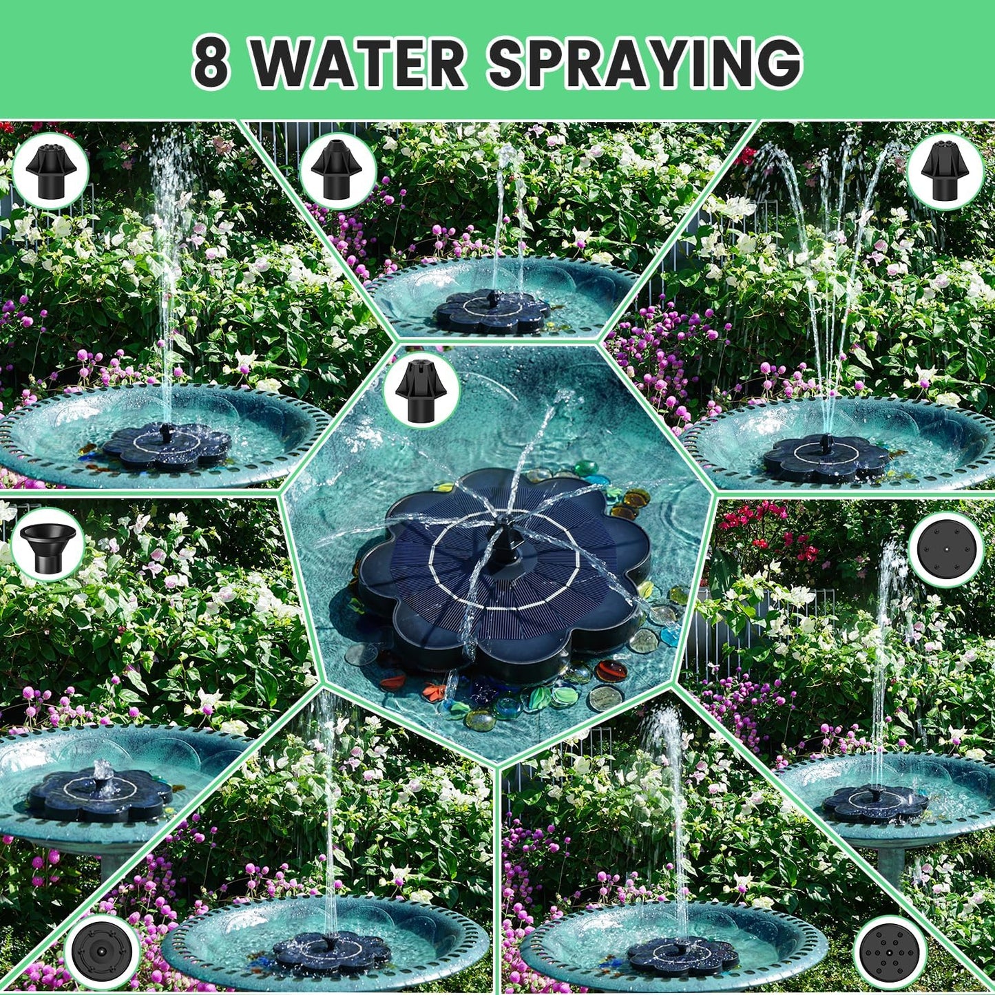 SZMP Solar Water Fountain with Flower Pattern No Battery,Faster Conversion Solar Bird Bath Fountains Glass Solar Panel,Solar Fountain for Bird Bath Garden Small Ponds Outdoor Décor