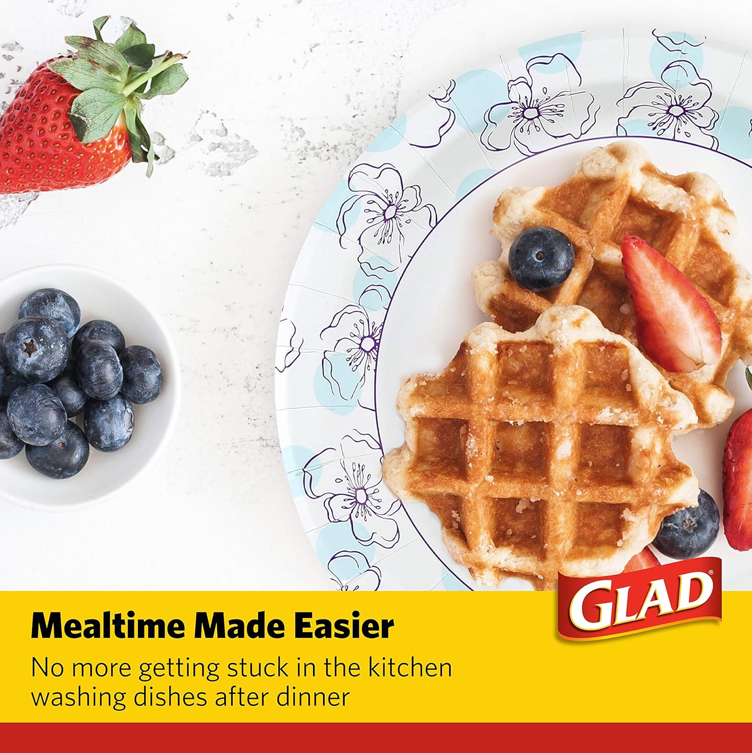 Glad Round Disposable Paper Plates, Blue Flower Design, Heavy Duty Soa