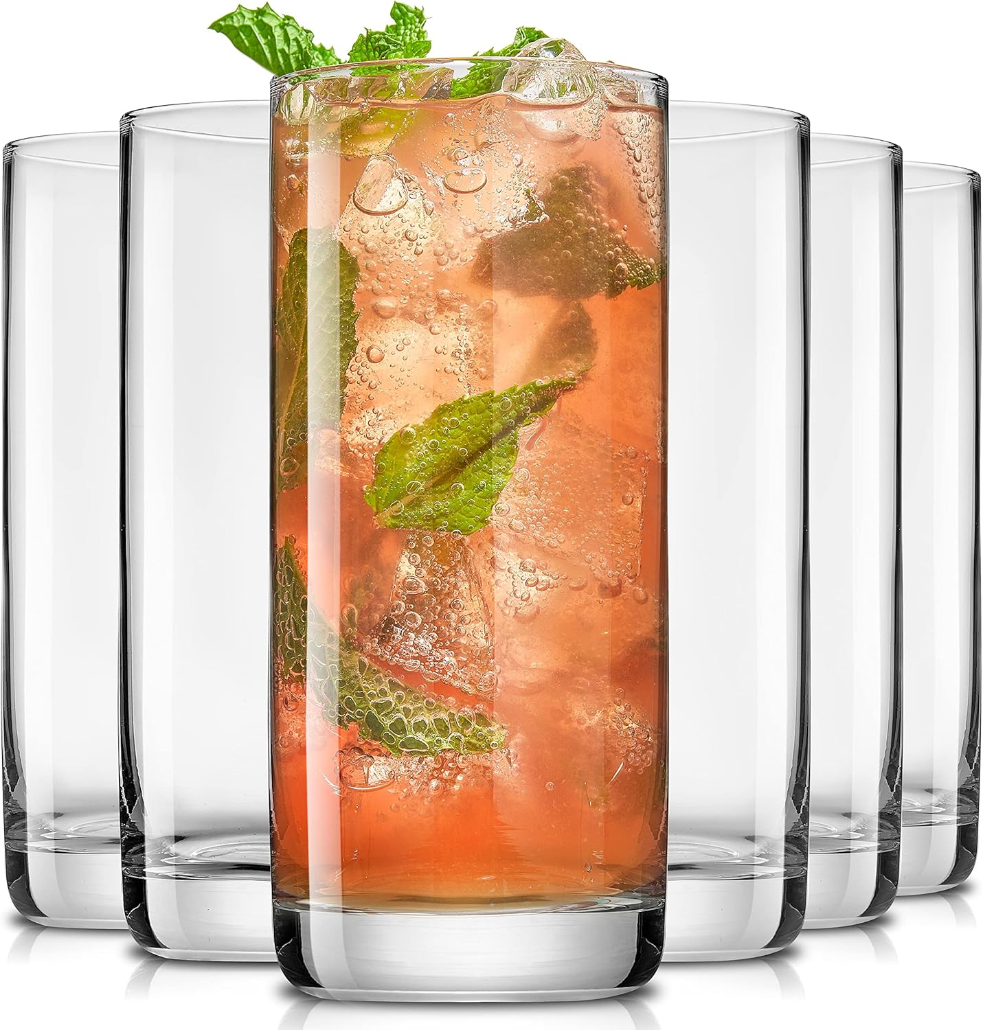 JoyJolt Faye 13oz Highball Glasses, 6pc Tall Glass Sets. Lead-Free Cry