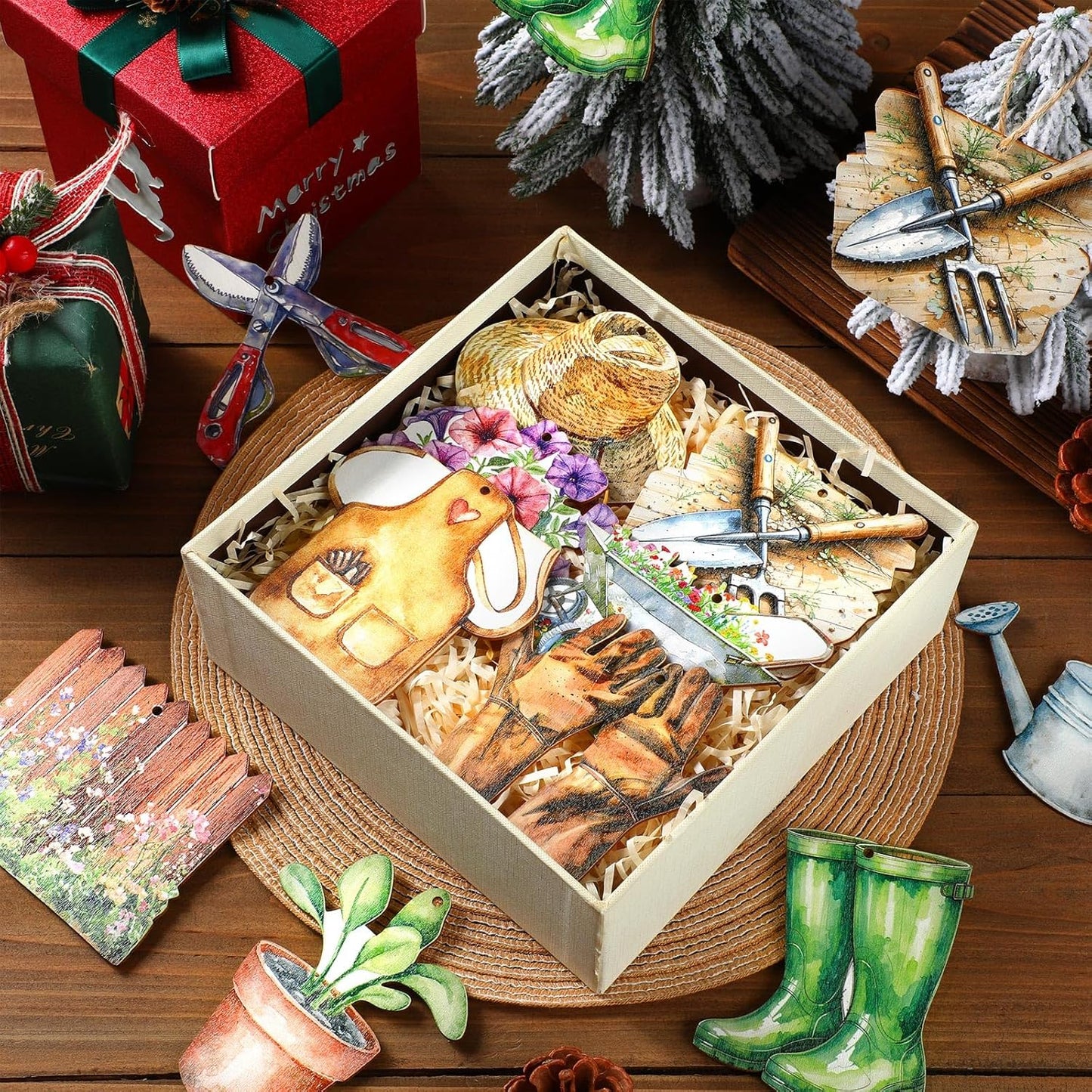 24 Pcs Christmas Garden Ornaments Garden Tool Shovel Trowel Wooden Ornaments for Gardening Lover Gifts Men Women Christmas Tree Decoration Holiday