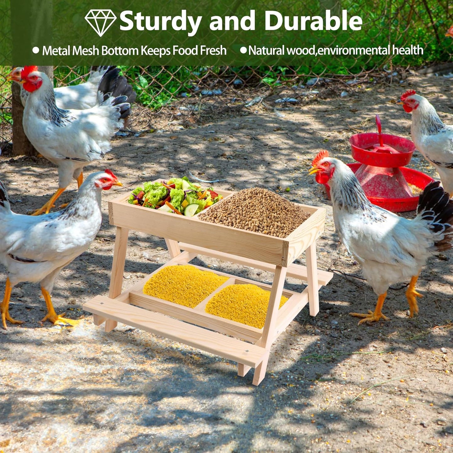 Double Chicken Picnic Table, Large Capacity Wooden Chicken Feeder No Waste, Mesh Bottom for Easy Cleanup, Suitable for Chickens, Ducks, Squirrel, Turkey