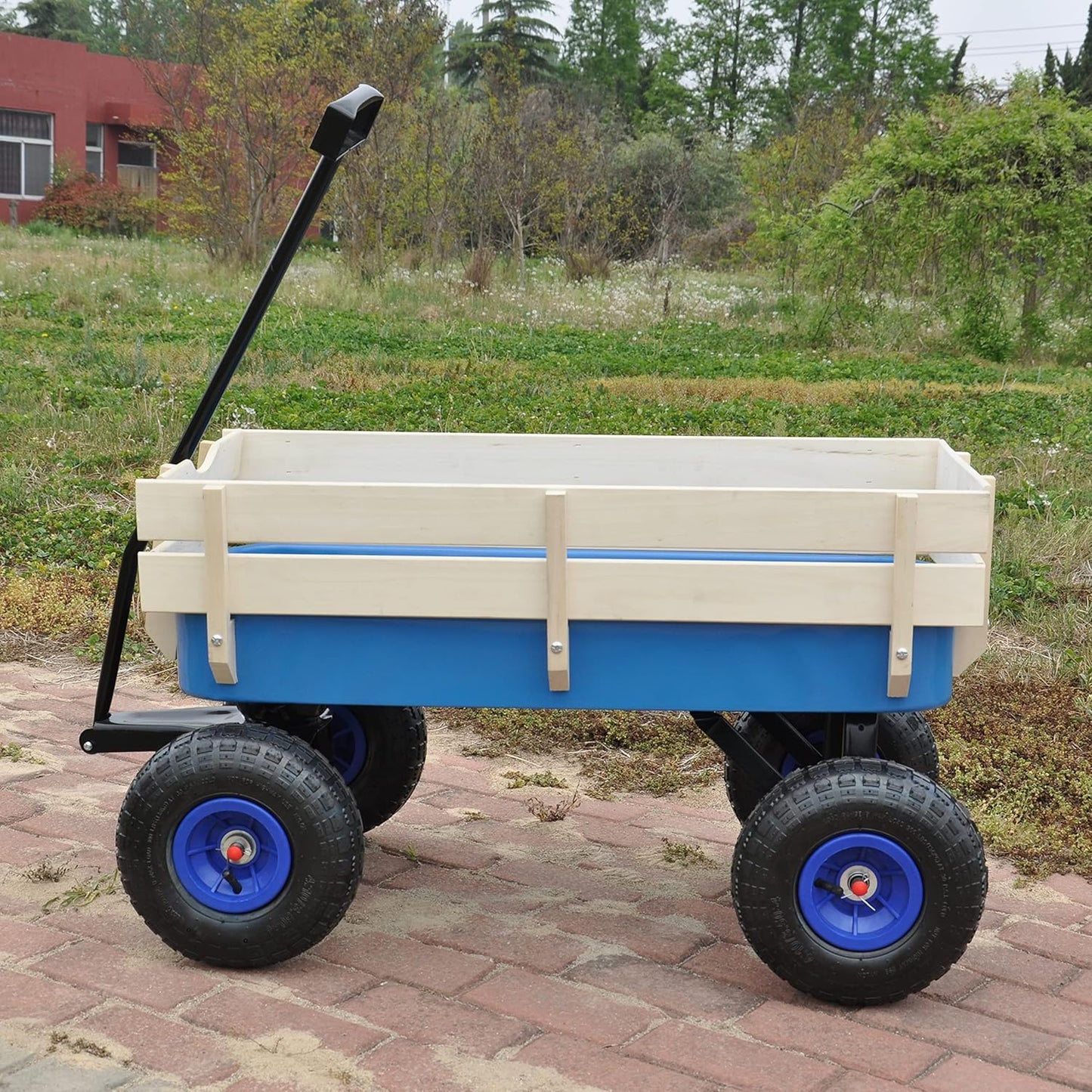 Garden Cart Utility Wagon 176 LBS Loading Capacity Steel Garden Wagon Pulling Cart with Wood Railing Folded Handle for Garden Farm Orchard Warehouse Blue Steel One Size