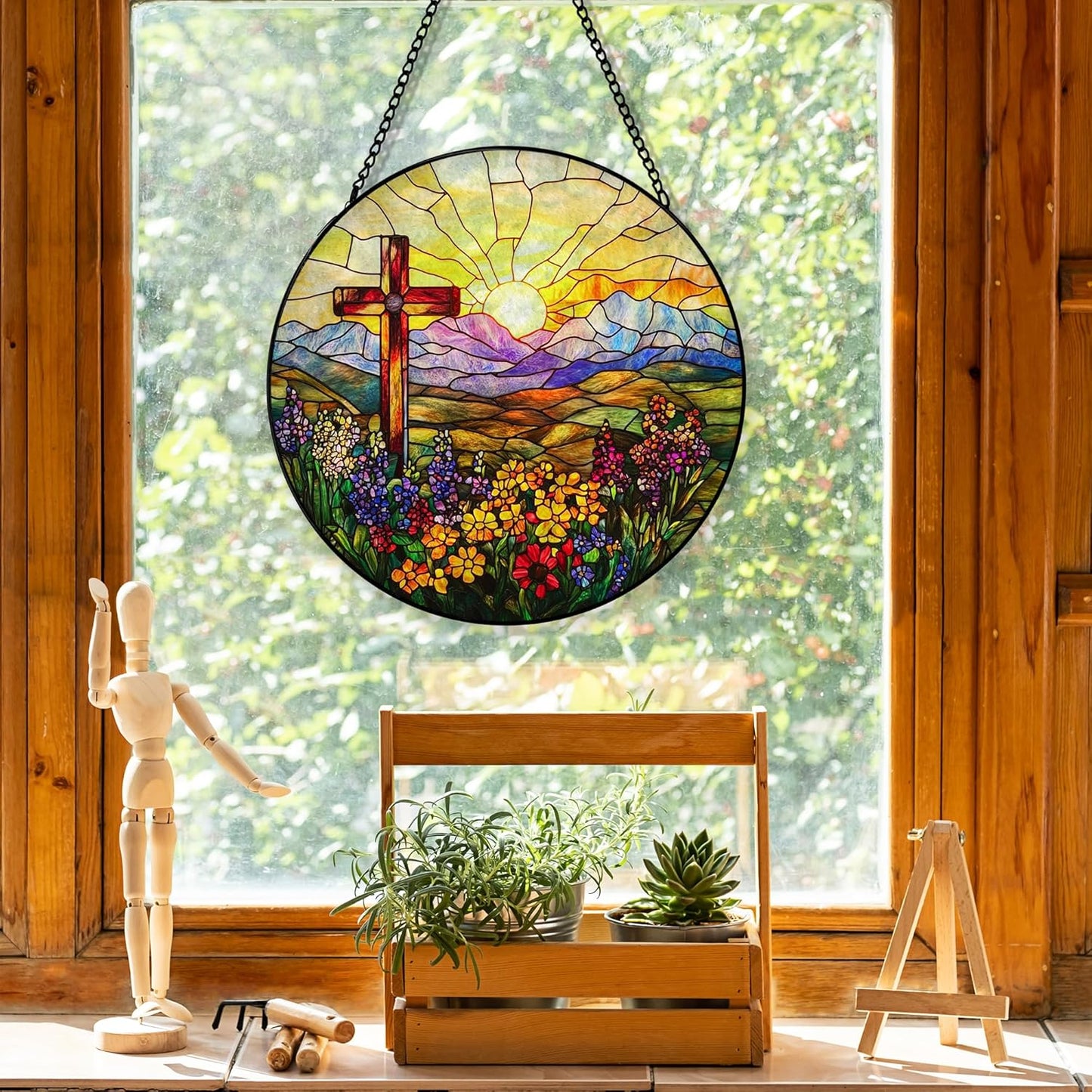 Cross Flower Suncatcher Stained Glass Window Hanging, Christian Wildflower Sunset Landscape Sun Catchers Indoor Window Glass Round Wall Decor, Religious Wall Art Hanging Decorations, ＂7.8x7.8＂