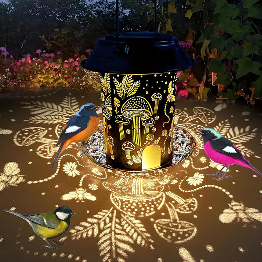 Solar Bird Feeder,Metal Wild Bird Feeders for Outdoor Hanging, Waterproof Outside Large birdfeeders for Cardinals,Mushroom Shaped Solar Garden Decor Lantern as Gift for Bird Lovers