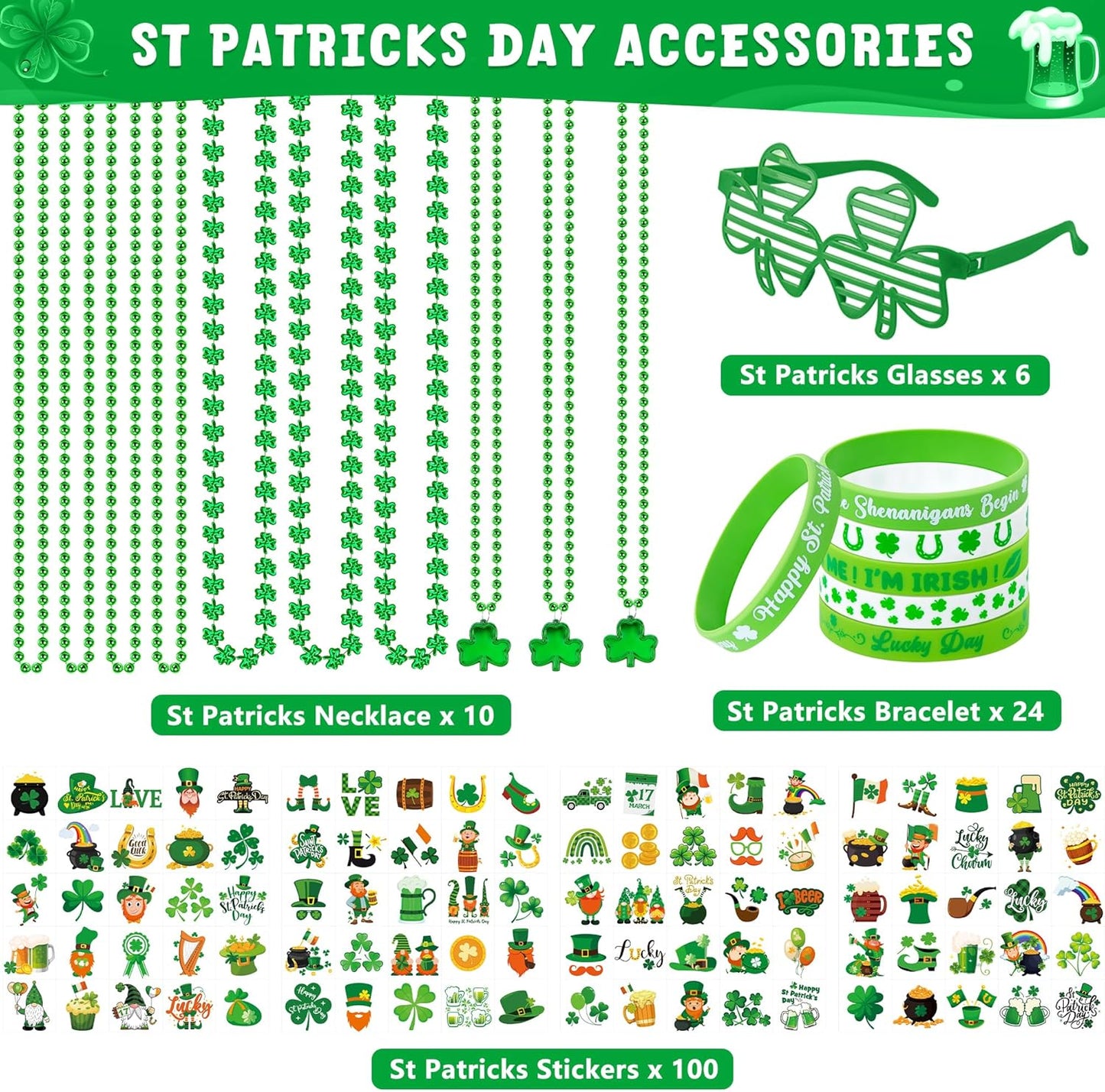 140PCS St Patricks Day Accessories, St. Patrick's Day Glasses Bracelets Tattoos Beads, Irish Glasses Bracelets Tattoos Beads Stuff Bulk, Shamrock Saint Patricks Parade Throw Party Favor Decor