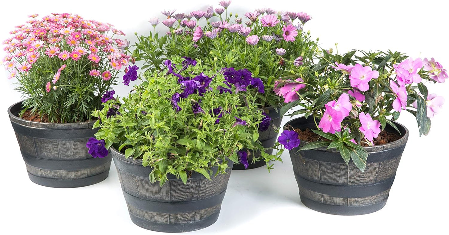 Gardenised Rustic Wood- Look Plastic Half Barrel Flower Pot Bucket Planter, Pack of 4