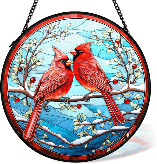 Cardinal Suncatcher Stained Glass Window Hanging Decor, Winter Christmas Cardinal Stained Glass Wall Decor, Christmas Bird Lawn Garden Sun Catchers Indoor Window Hanging Wall Art, 7.9x7.9In