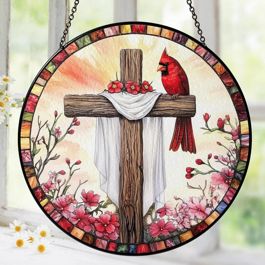 Red Cardinals Cross Suncatcher Stained Glass Window Hanging Christian Gifts for Women Faith Home Decorations Jesus Gifts for Women of God Christmas Mothers Day Religious Catholic Religion Bible Gift