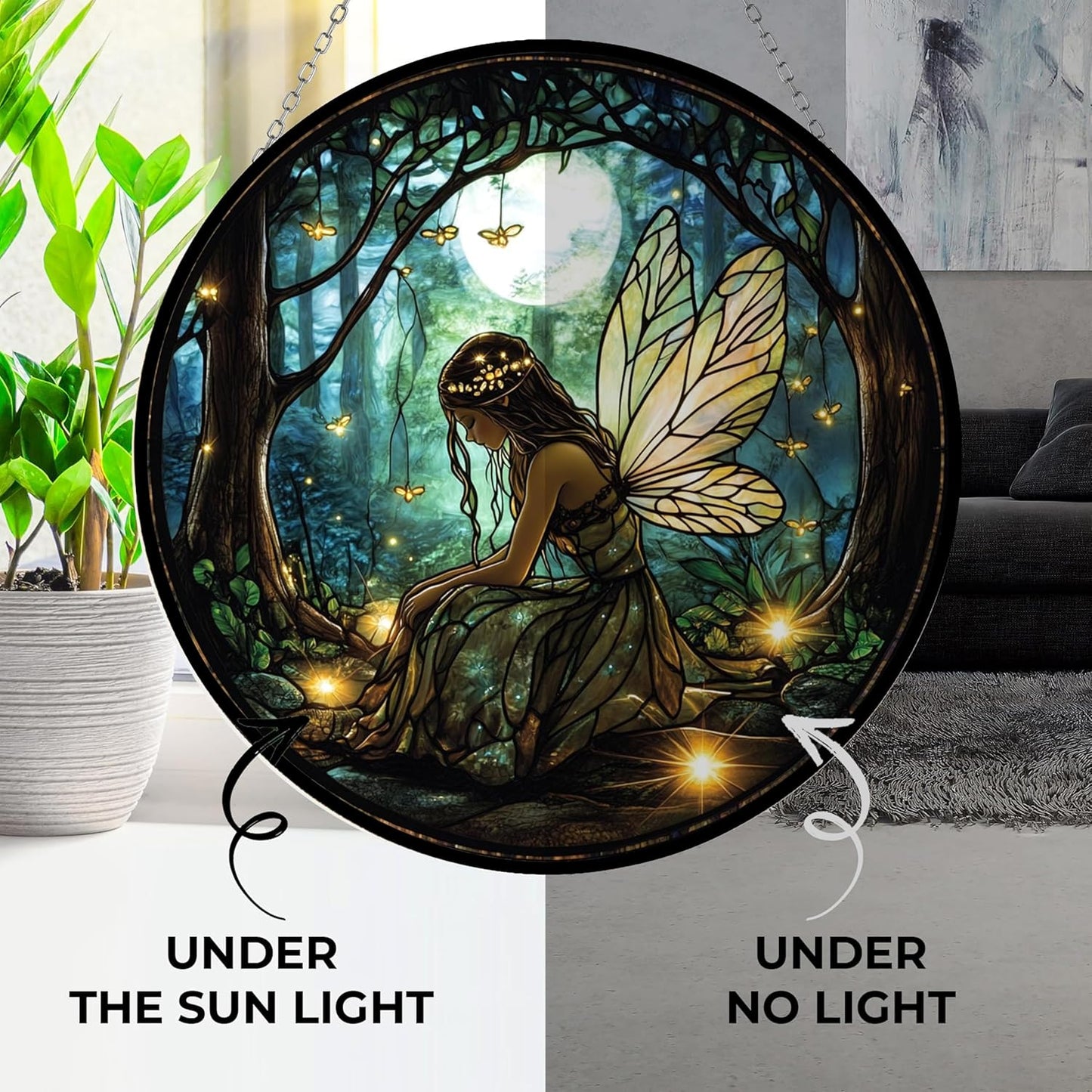 Personalized Boho Fairy and Fireflies Stained Glass Suncatcher Stained Glass Window Hanging Home Decor Garden Halloween Christmas Wedding Housewarming Gifts