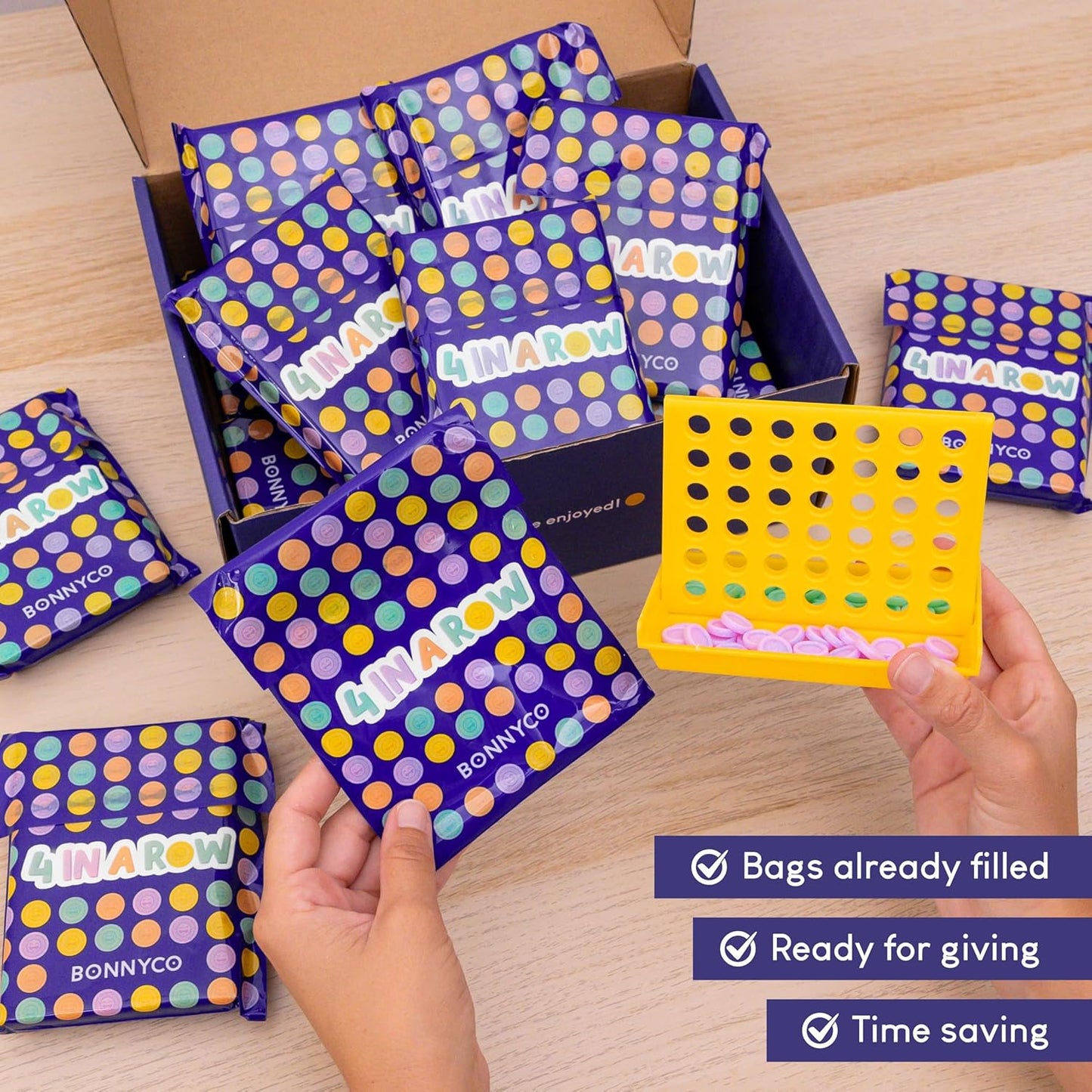 BONNYCO 4 in a Row Pack of 16 Birthday Party Favors for Kids Age 5-12. Classroom Prizes for Students, Bulk Gifts, Mini Travel Board Games and Toys, Goodie Bags and Pinata Stuffers