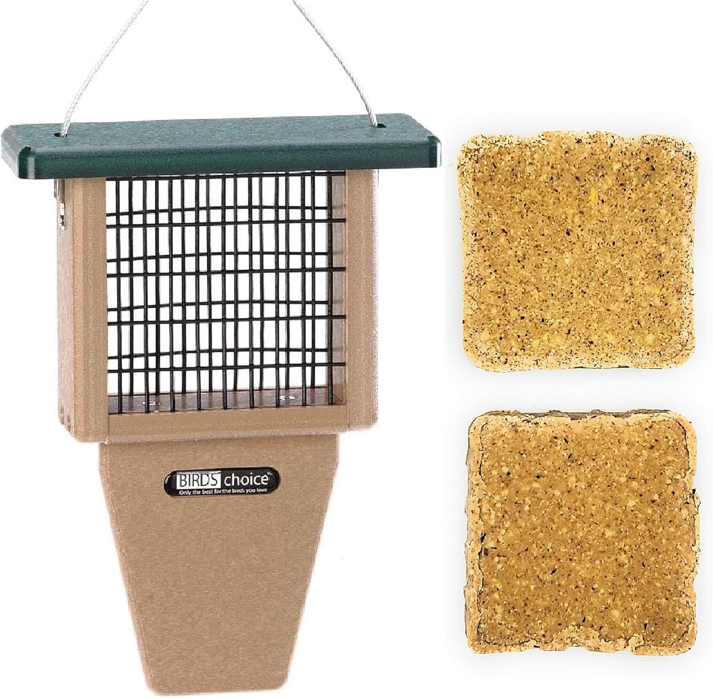 Naturesroom Poly-Lumber Prop Suet Feeder for Birds - Include 2 Bonus Suet Cake Cage Feeder Packs -Premium Insect and Peanut Suet Cakes for Feeder Basket Holder, Green/Brown, 12"L x 8"W X 3"D (sntp)