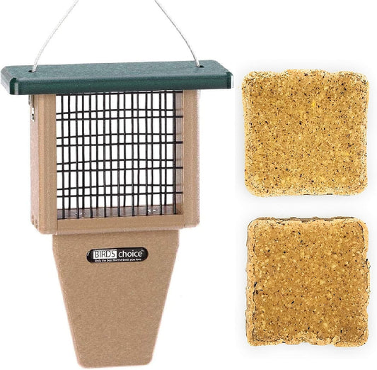 Naturesroom Poly-Lumber Prop Suet Feeder for Birds - Include 2 Bonus Suet Cake Cage Feeder Packs -Premium Insect and Peanut Suet Cakes for Feeder Basket Holder, Green/Brown, 12"L x 8"W X 3"D (sntp)