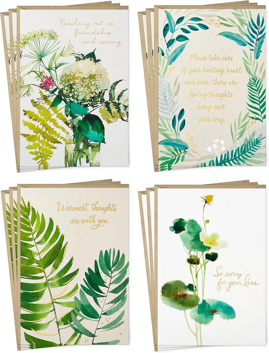 Hallmark Sympathy Cards Assortment, Watercolor Greenery (12 Assorted Thinking of You Cards with Envelopes)