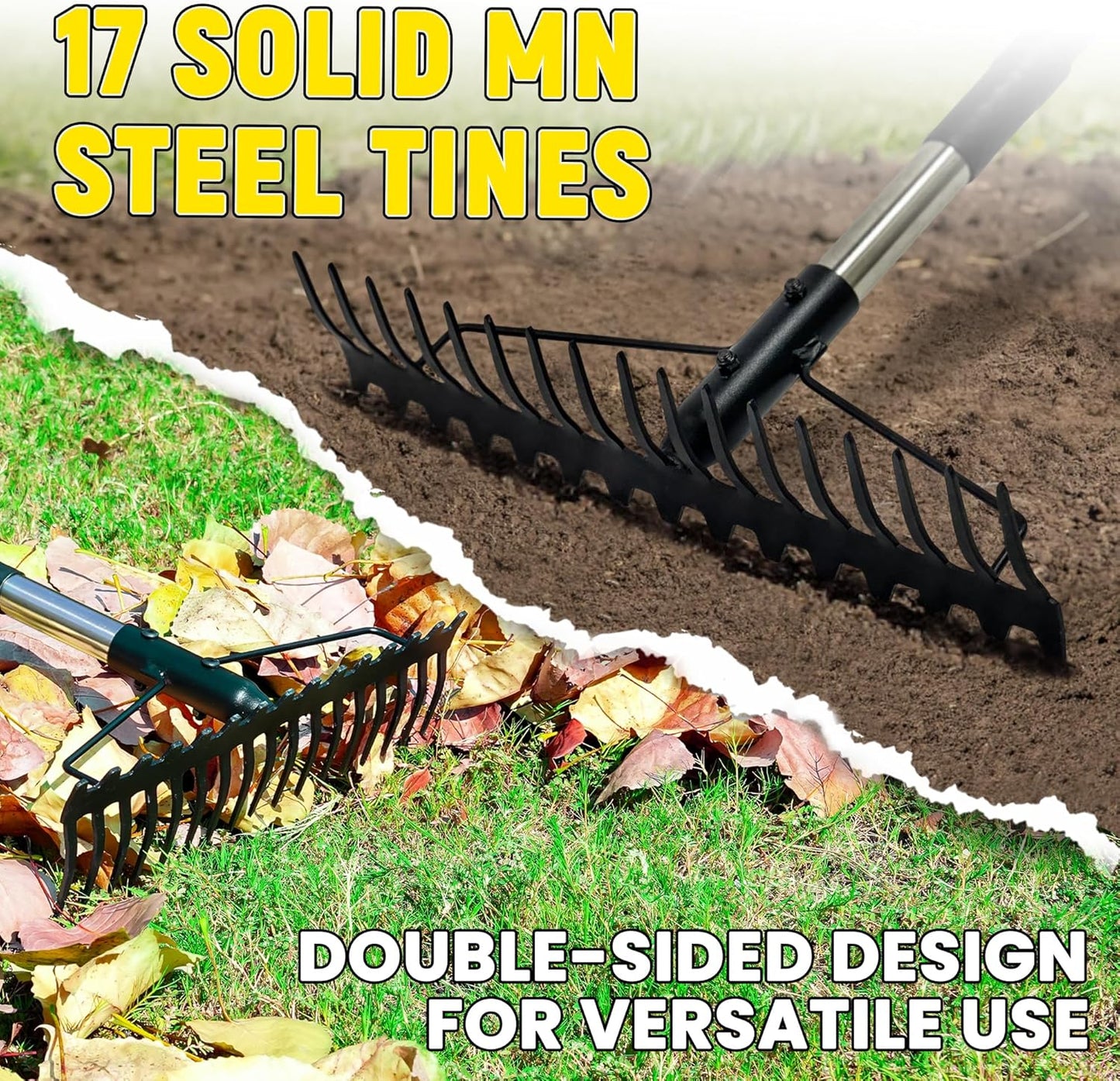 Bow Rake, 68-Inch Adjustable Handle Garden Rake with 17 Steel Tines, H