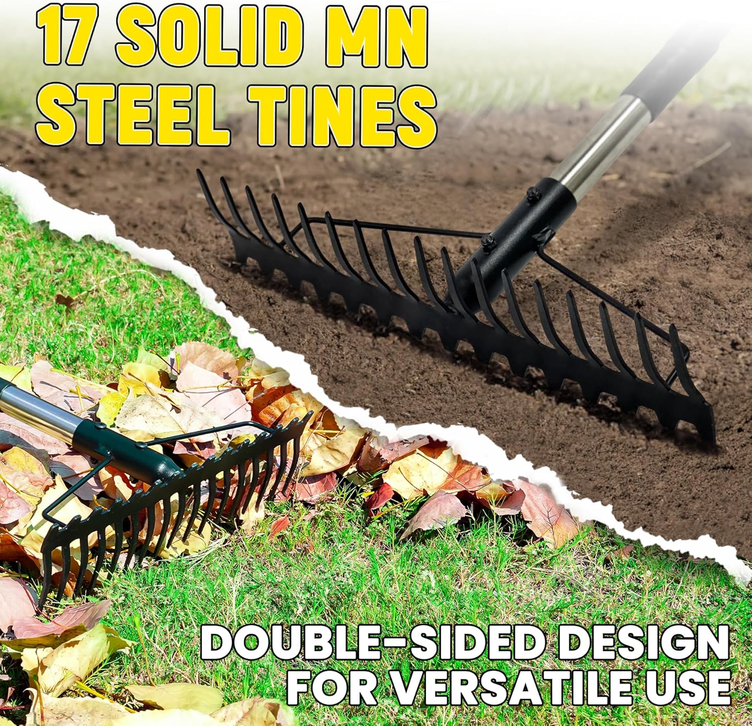Bow Rake, 68-Inch Adjustable Handle Garden Rake with 17 Steel Tines, H