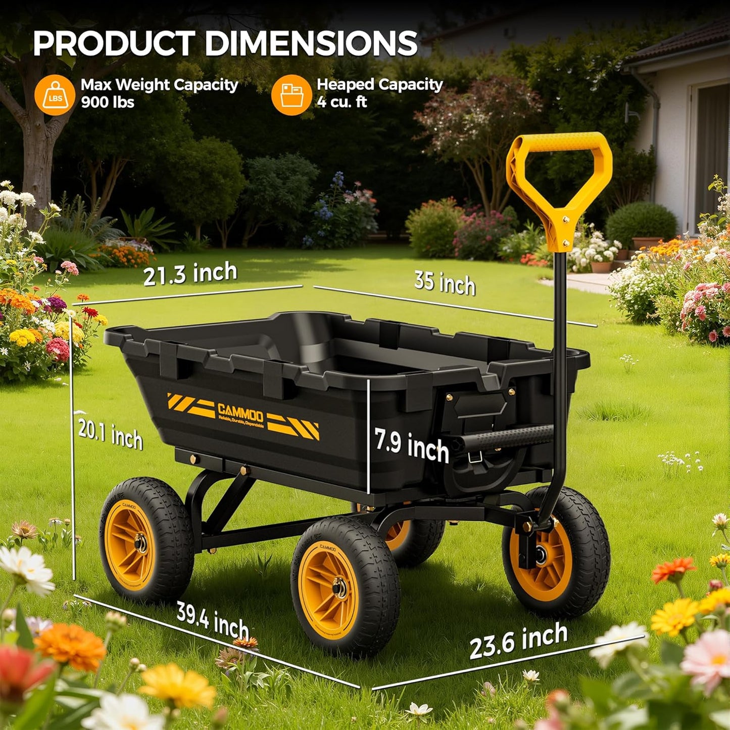 10in NO-FLAT TIRES 900lb Heavy-Duty Garden Dump Cart DIY Expandable Capacity Over 4 Cu.Ft. Utility Wagon with Quick-Release Dumping & Prime Grade 100% Virgin Polypropylene-Not Recycled Material
