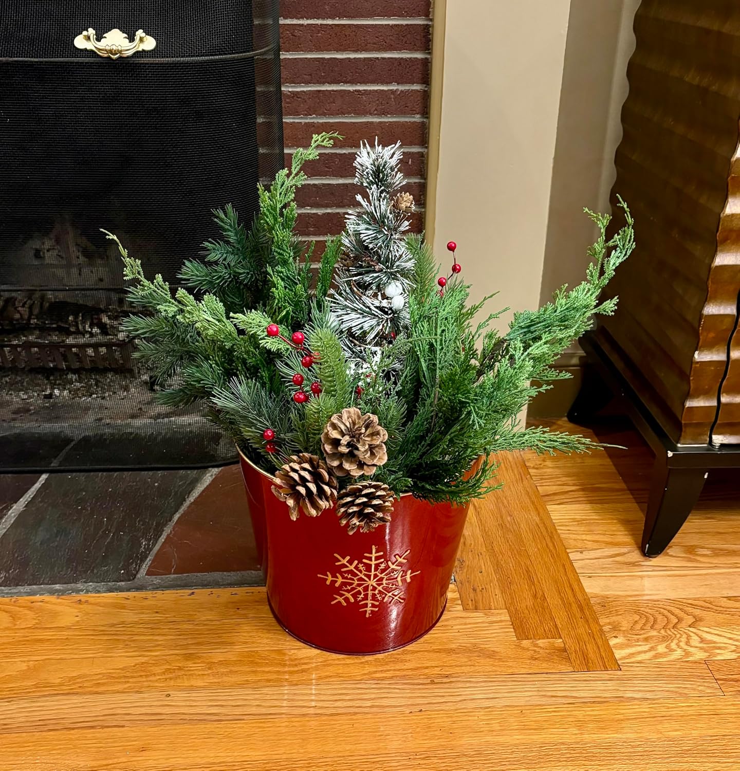 Red Galvanized Metal Christmas Planter Bucket with Snowflake Design, 10.5" Height, 12" Diameter, Set of 2