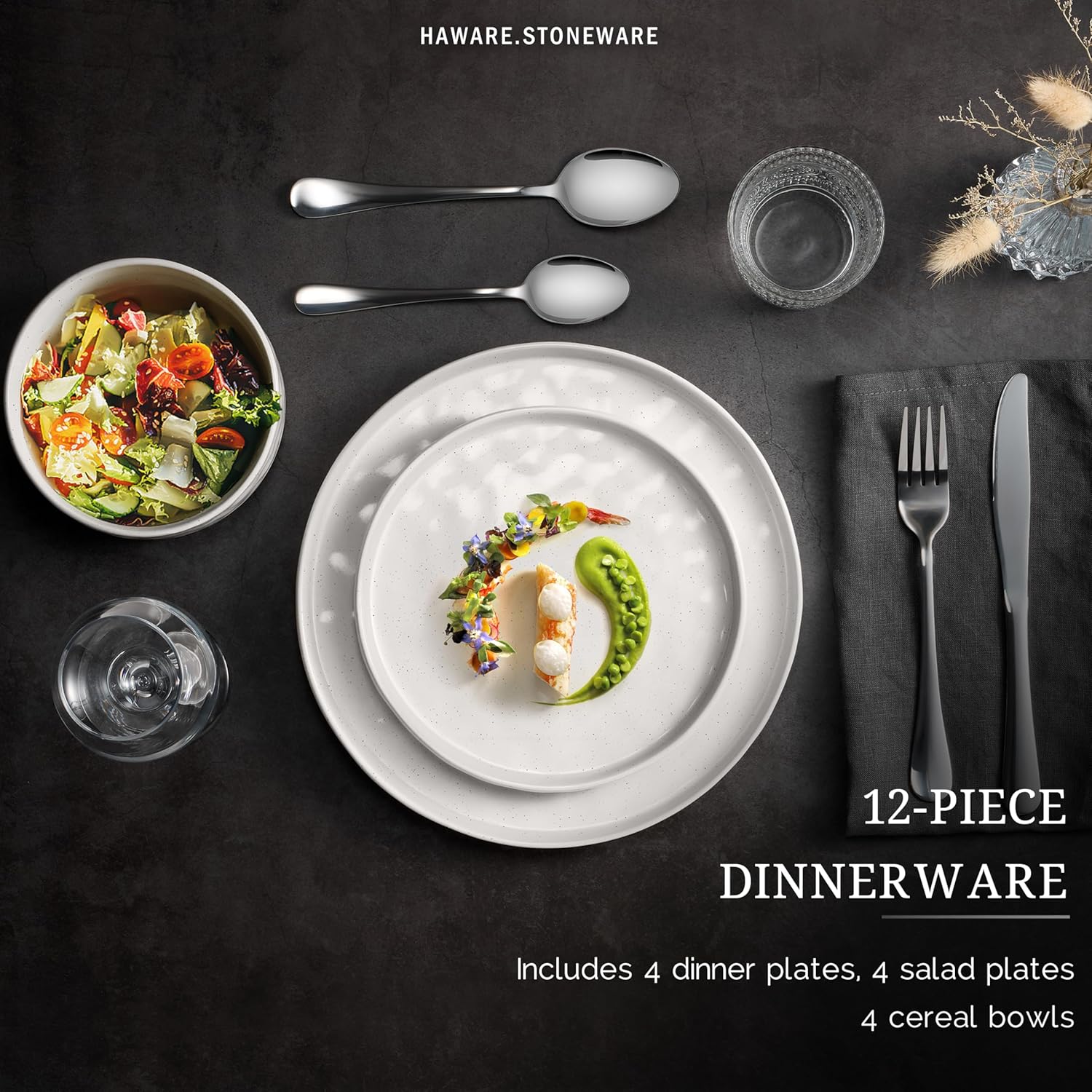 HaWare Dinnerware Sets, 12-Piece Plates and Bowls Set, Stoneware Dish 