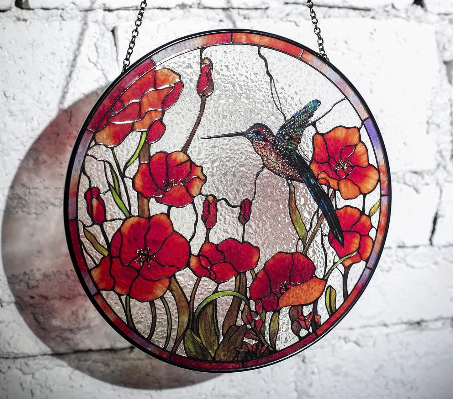 8'' Hummingbird Suncatcher Stained Glass Suncatchers - Originally Designed Red Poppies Ornament for Sun Catcher Indoor Window | Gifts for Hummingbird Lovers Painted Glass Panel Decor