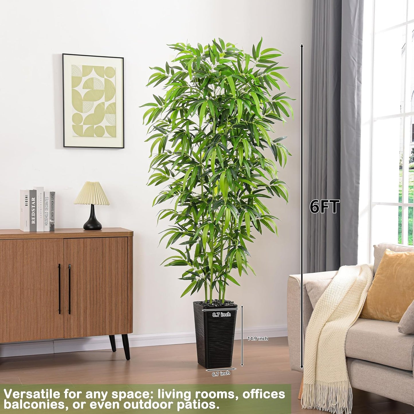 Artificial Bamboo Tree, 6FT Fake Plants Faux Bamboo Plant with Black Square Planter, Artificial Trees Faux Silk Plant with 3 Trunks & Green Lush Leaves for Home Office Indoor Outdoor Decor
