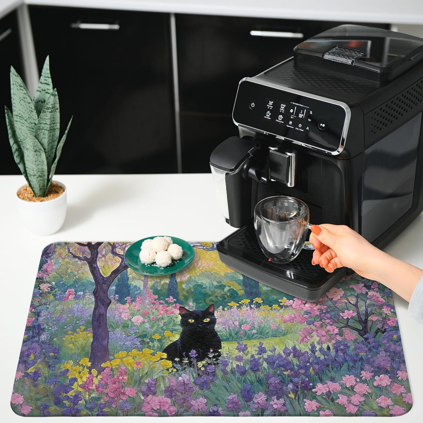 Spring Garden Black Cat Dish Drying Mat，Cat Lover Gifts, Vintage Floral Black Kitten Dishes Dry Coffee Mats for Kitchen Counter Coffee Maker, 16x24 Inch