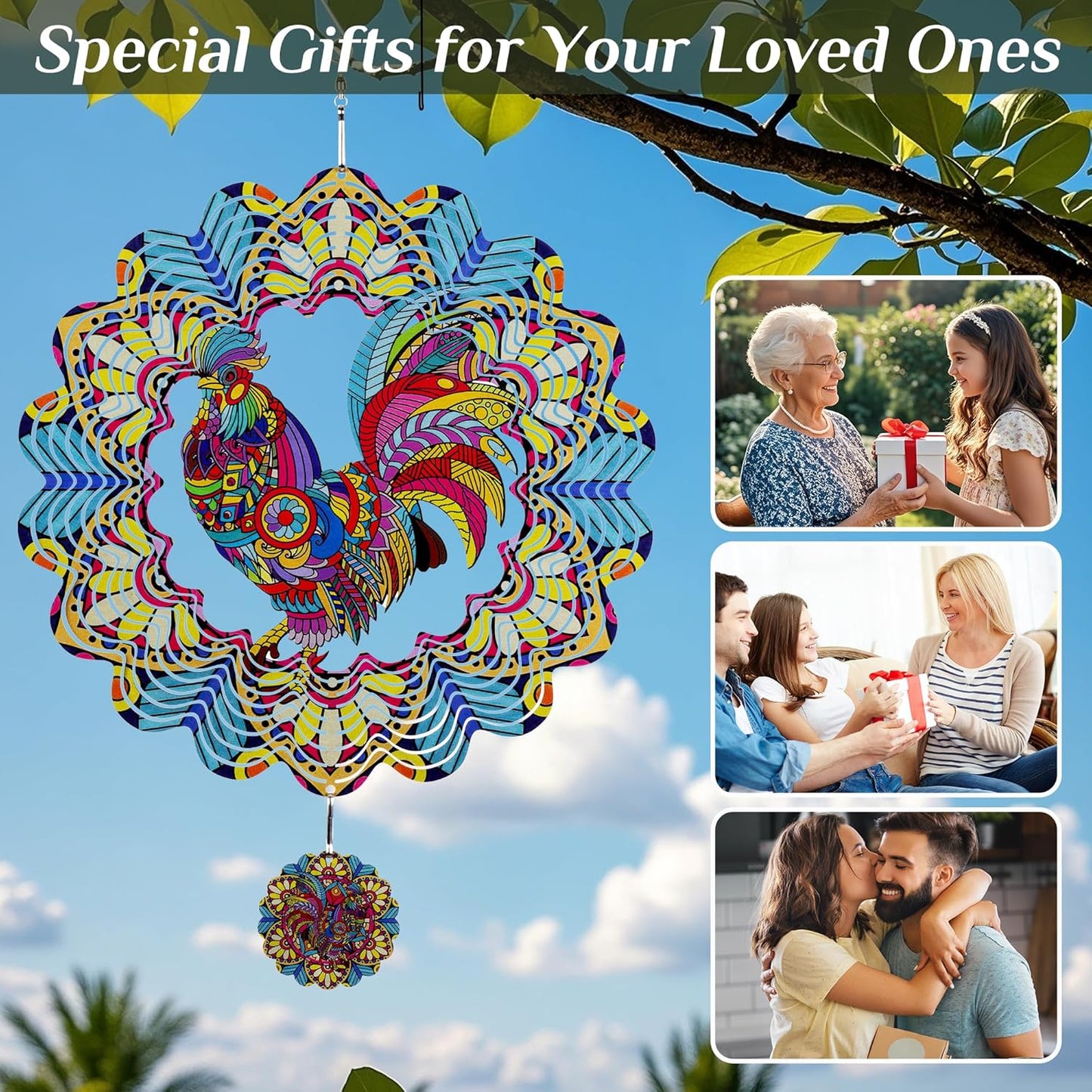 Wind Spinners Outdoor Hanging Rooster - Metal Chicken Gifts for Mom Wo
