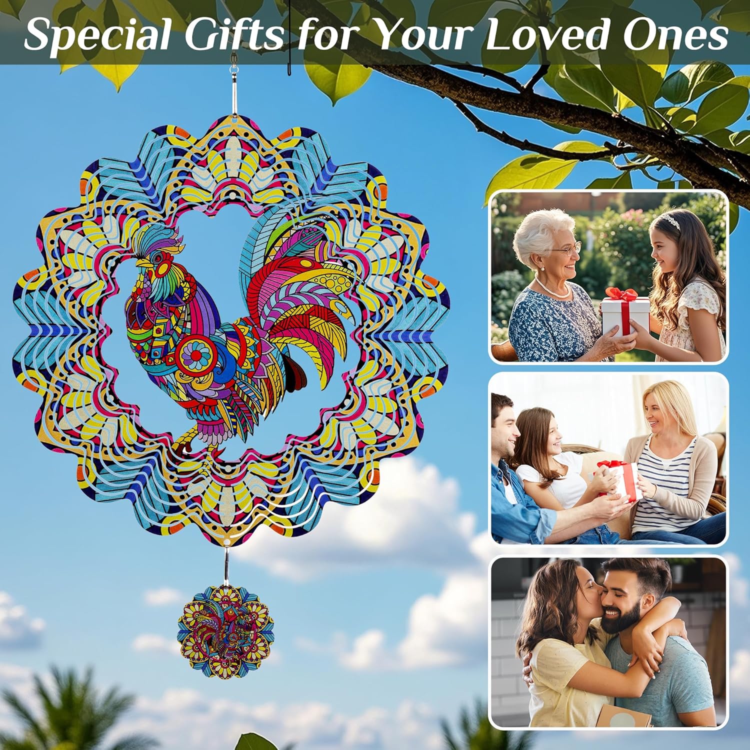 Wind Spinners Outdoor Hanging Rooster - Metal Chicken Gifts for Mom Wo