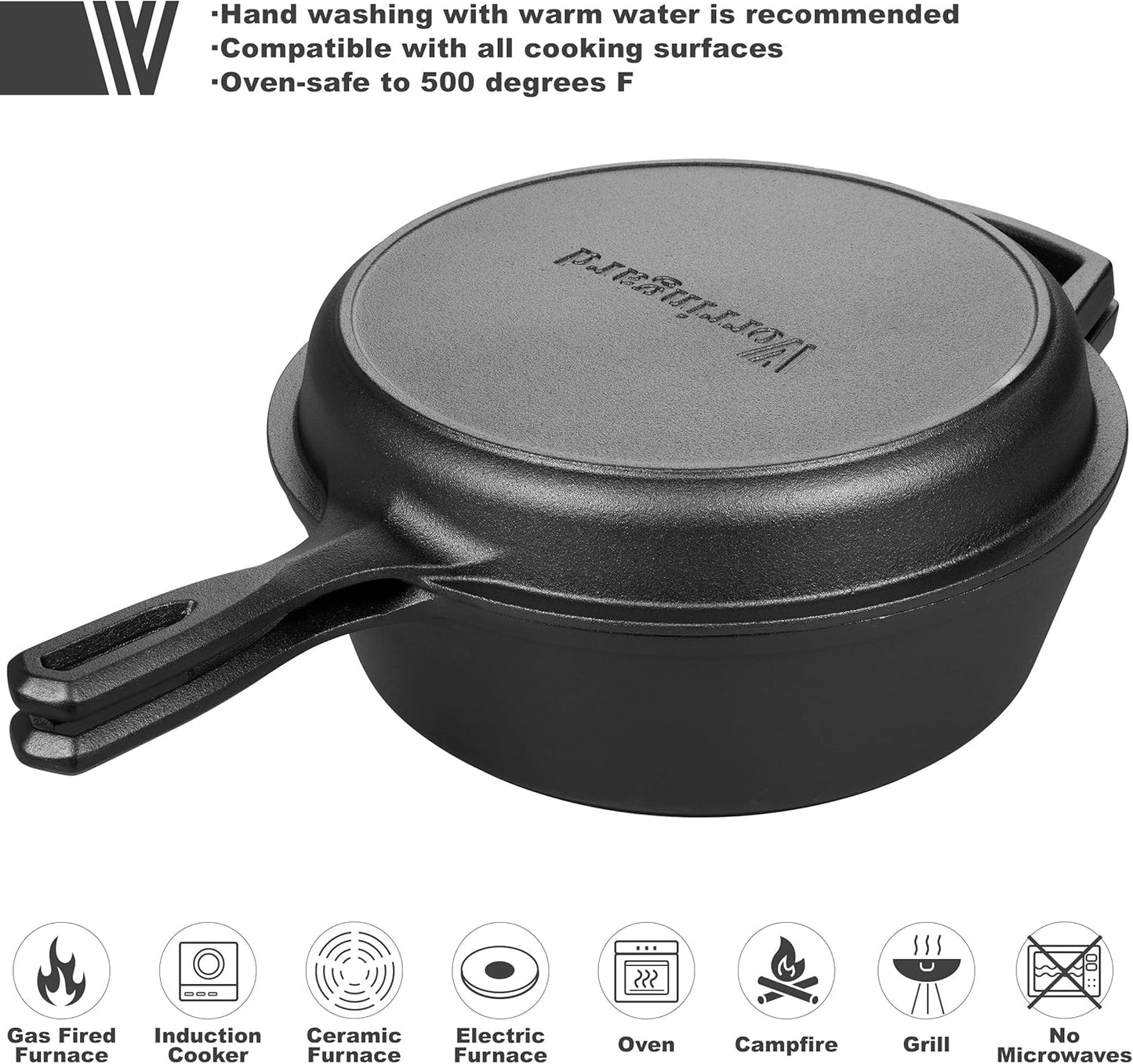 Pre-seasoned Cast Iron Double Dutch Oven Pot with Skillet Lid, for Bre