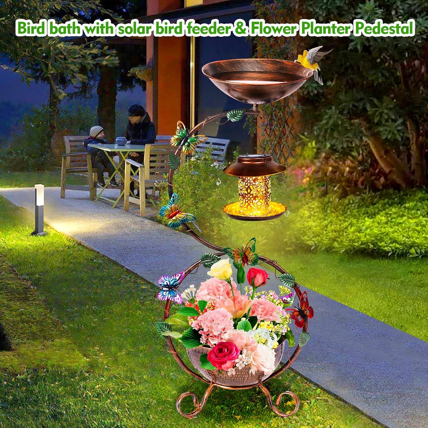 37.8" Bird Bath and Solar Bird Feeders Combo with Flower Planter Pedestal, Metal Bird Baths for Outdoors, Decorative Birdbath with Butterfly for Outside Garden Yard, Weather Resistant
