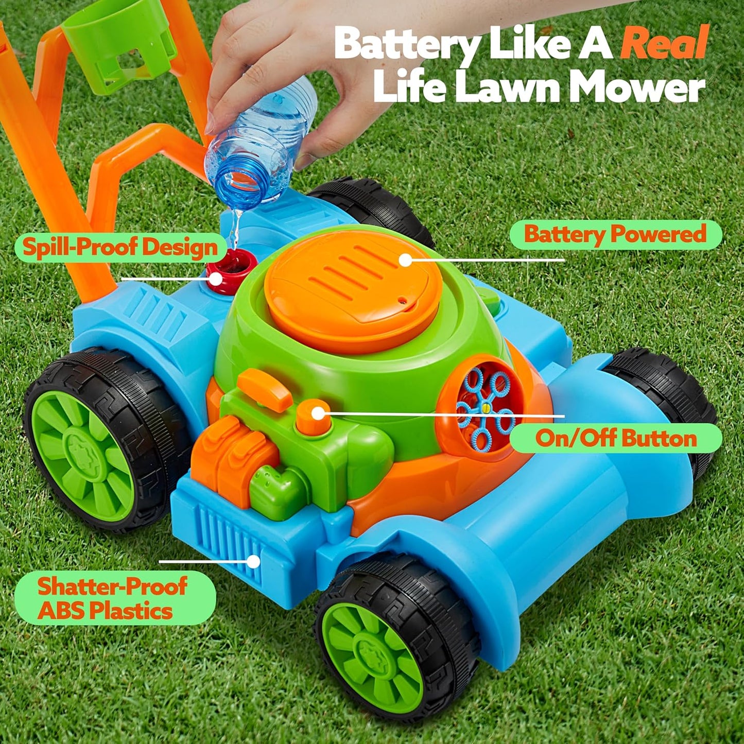 SLOOSH Bubble Lawn Mower Toddler Toys - Spill-Proof Bubble Machine Pre