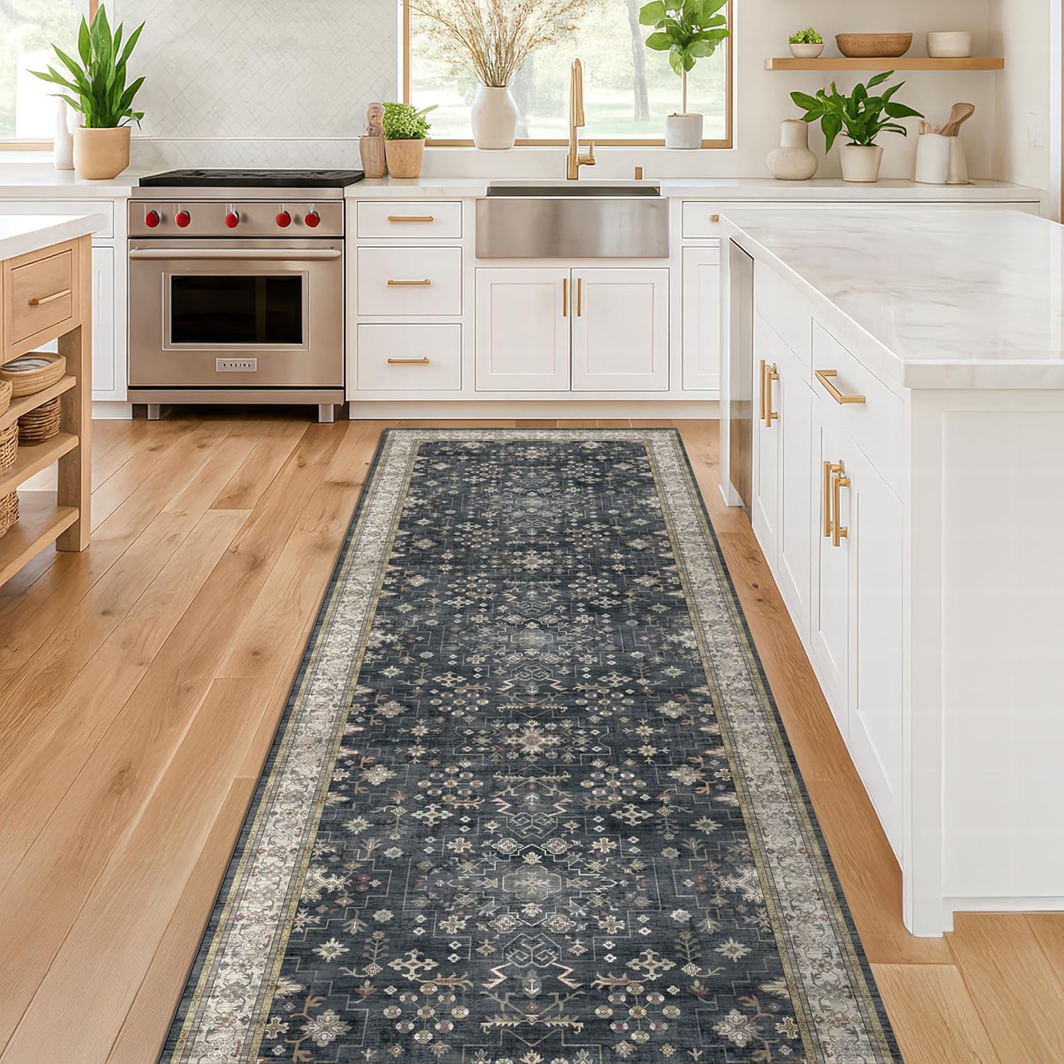 Black Boho Washable 2x6 Runner Rugs for Hallway Kitchen Bedroom Beside