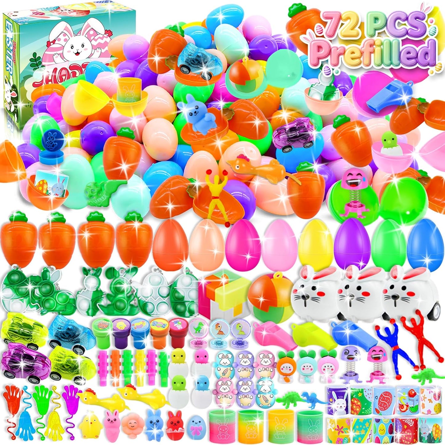 72 Pack Prefilled Easter Eggs with Toys Inside, Plastic Eggs Fillers Basket Stuffers with Surprise Carrot Eggs Hunt Games Party Favors Save Time Gifts
