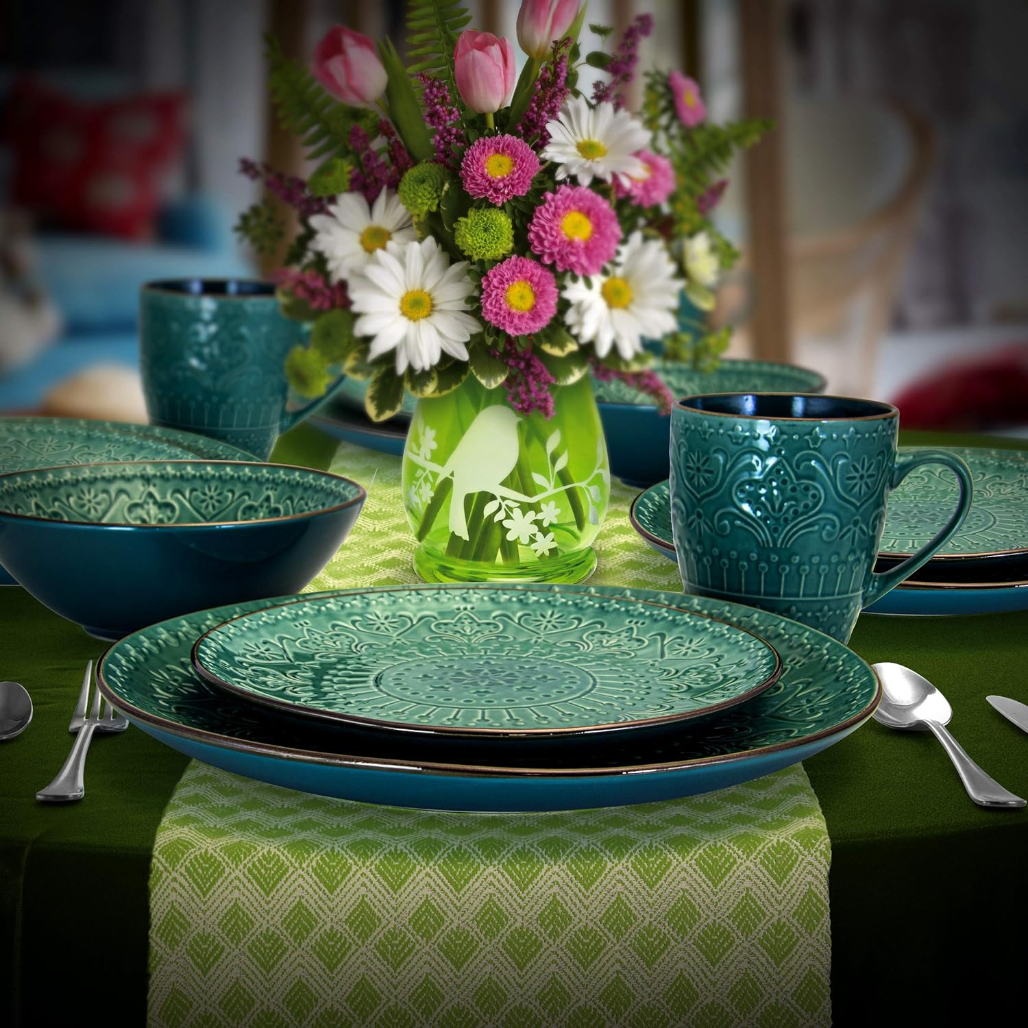 Elama Sea Foam Mozaic 16 Piece Round Stoneware Dinnerware Set in Sea G