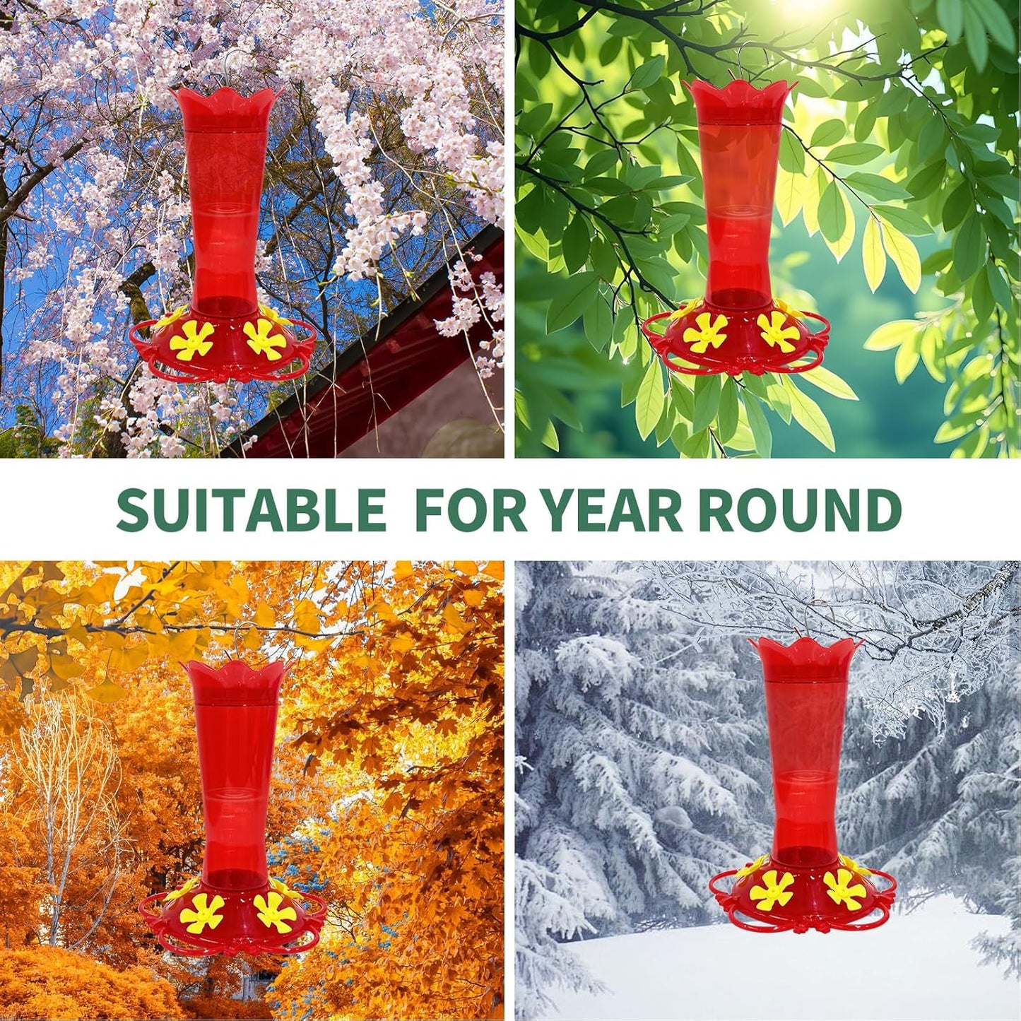 2Pcs Hummingbird Feeders for Outdoors - 5-Flower-Shaped Feeding Ports 13.50 oz Red Hanging Plastic Humming Bird Feeder with Built-in Ant Moat, Perches for Outside Garden Yard Decorative