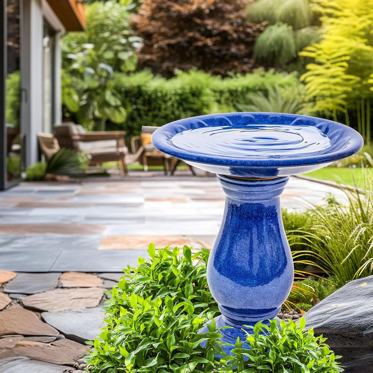 Sunnydaze Blue Ceramic Bird Bath for Outside - 21.5" H Garden Bird Bath - Daisy Embossed Bowl - UV-/Frost-Resistant Glaze Finish